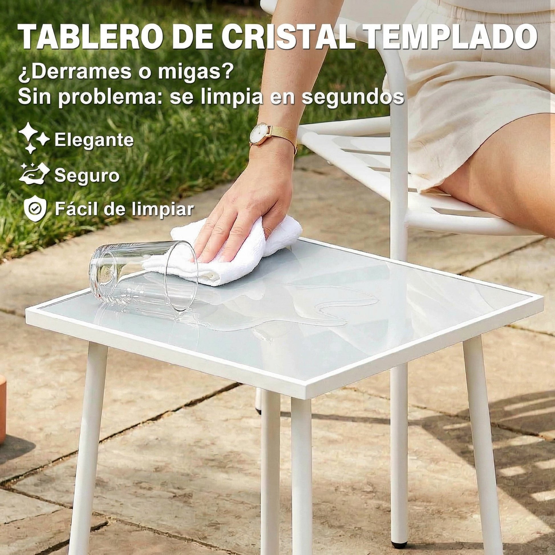 Outsunny Conjunto de Jardín Exterior de 3 Piezas, Muebles Jardín Exterior de Acero Galvanizado con 2 Sillas y Mesa de Vidrio Templado, Resistente a la Intemperie, para Balcón, Patio, Blanco