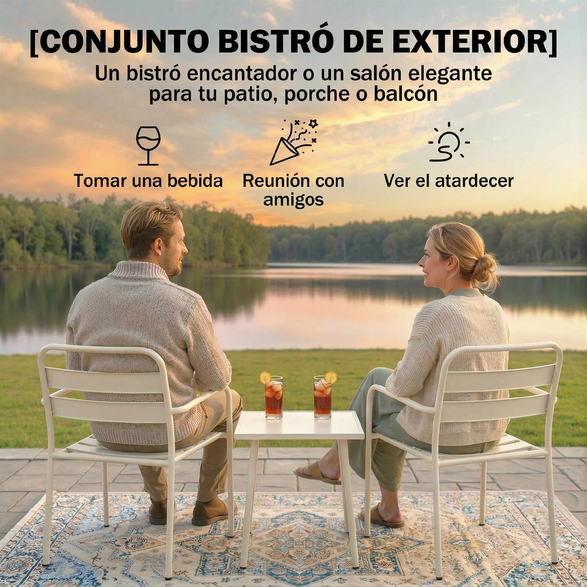 Outsunny Conjunto de Jardín Exterior de 3 Piezas, Muebles Jardín Exterior de Acero Galvanizado con 2 Sillas y Mesa de Vidrio Templado, Resistente a la Intemperie, para Balcón, Patio, Blanco