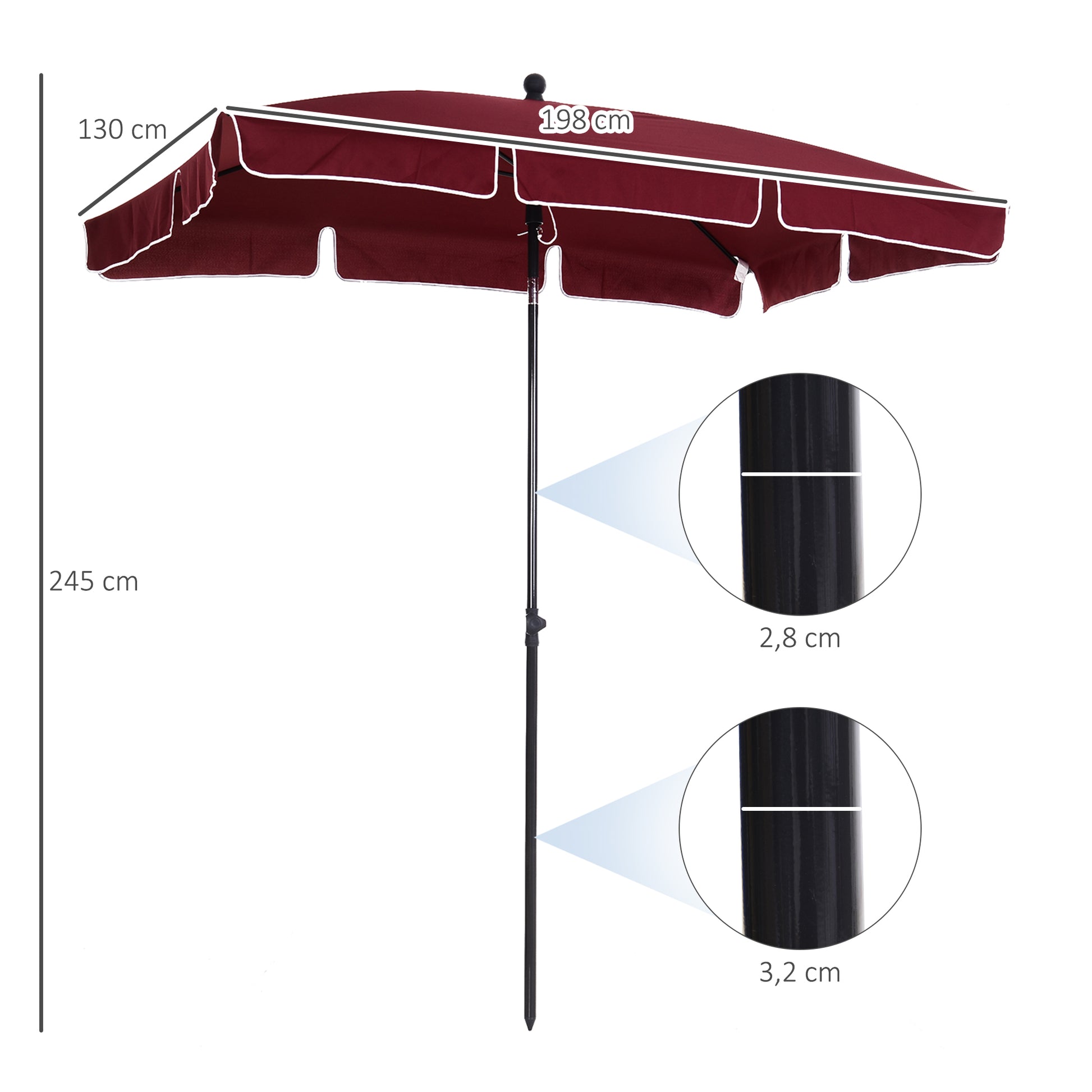 Outsunny Sombrilla de Jardín de Aluminio 198x130x245 cm Parasol de Jardín Rectangular con Función de Inclinación para Terraza Patio Exterior Rojo Vino