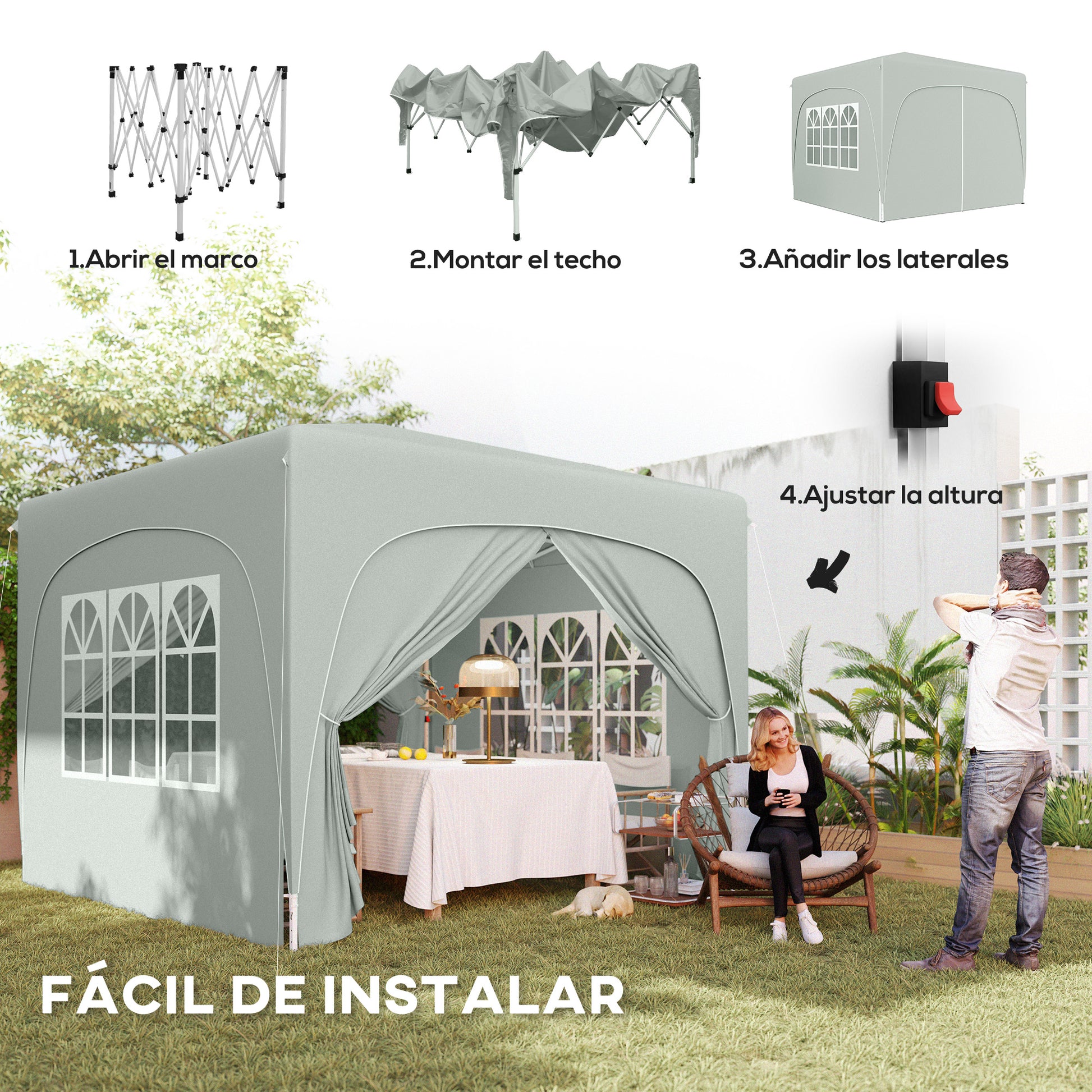 Outsunny Carpa Plegable 3x3 m, Cenador Pabellón de Jardín con Altura Ajustable de 3 Niveles, 4 Paredes Laterales, Ventanas y Bolsa Transporte, UPF50+, Impermeable para Fiestas, Exterior, Gris