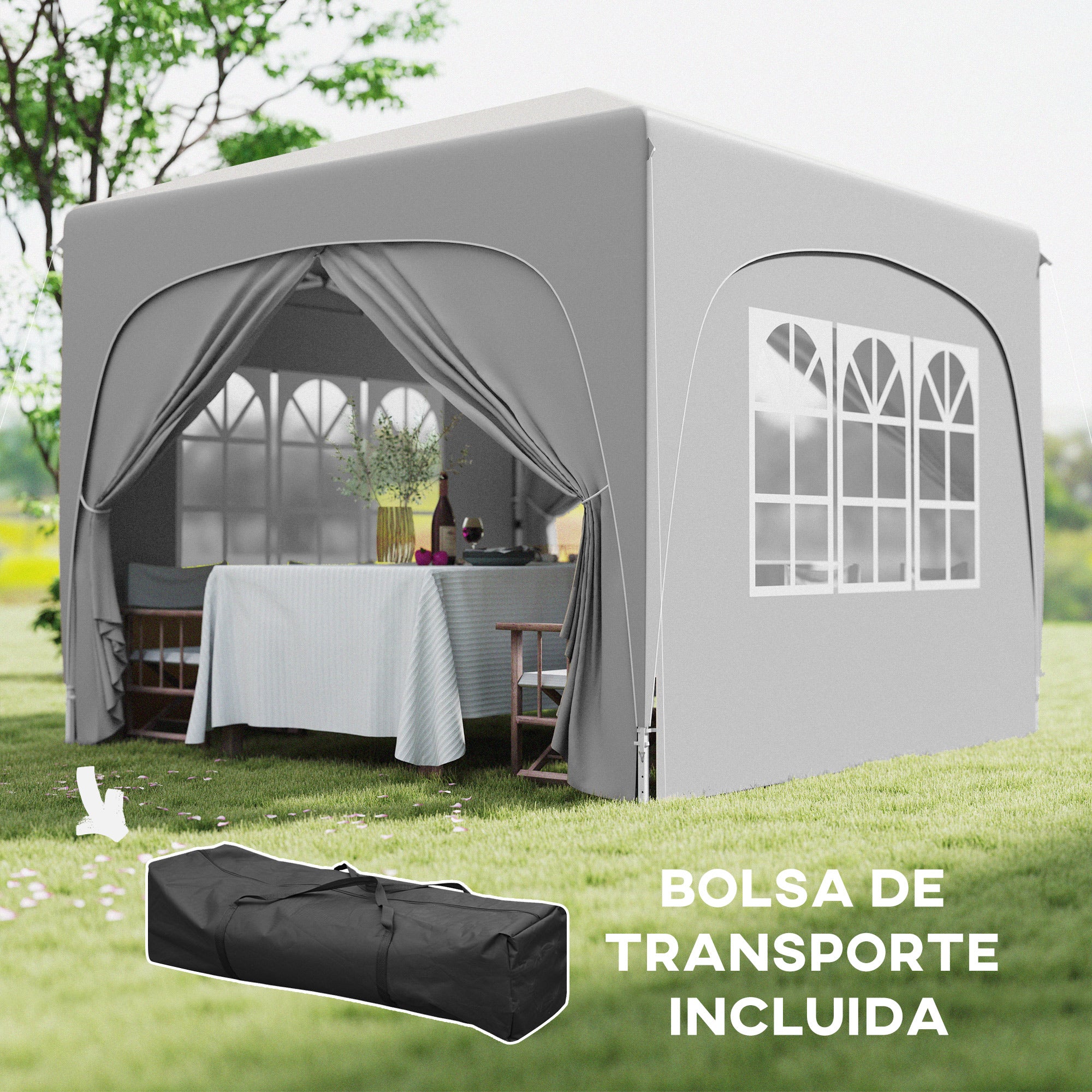 Outsunny Carpa Plegable 3x3 m, Cenador Pabellón de Jardín con Altura Ajustable de 3 Niveles, 4 Paredes Laterales, Ventanas y Bolsa Transporte, UPF50+, Impermeable para Fiestas, Exterior, Gris