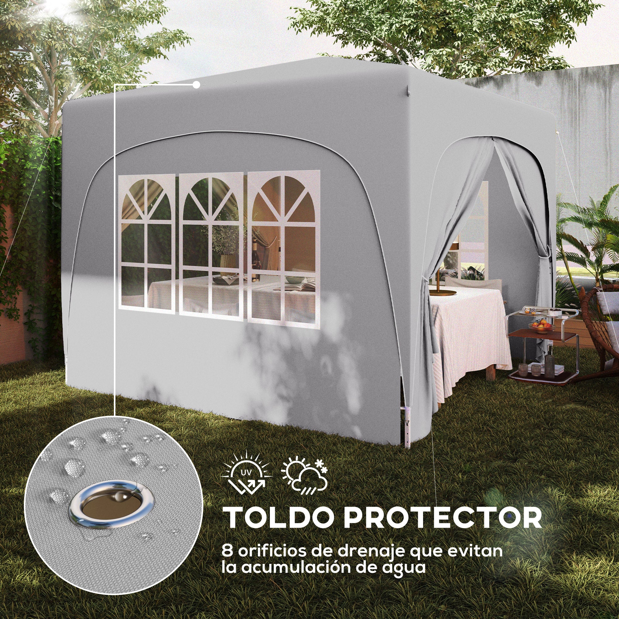 Outsunny Carpa Plegable 3x3 m, Cenador Pabellón de Jardín con Altura Ajustable de 3 Niveles, 4 Paredes Laterales, Ventanas y Bolsa Transporte, UPF50+, Impermeable para Fiestas, Exterior, Gris