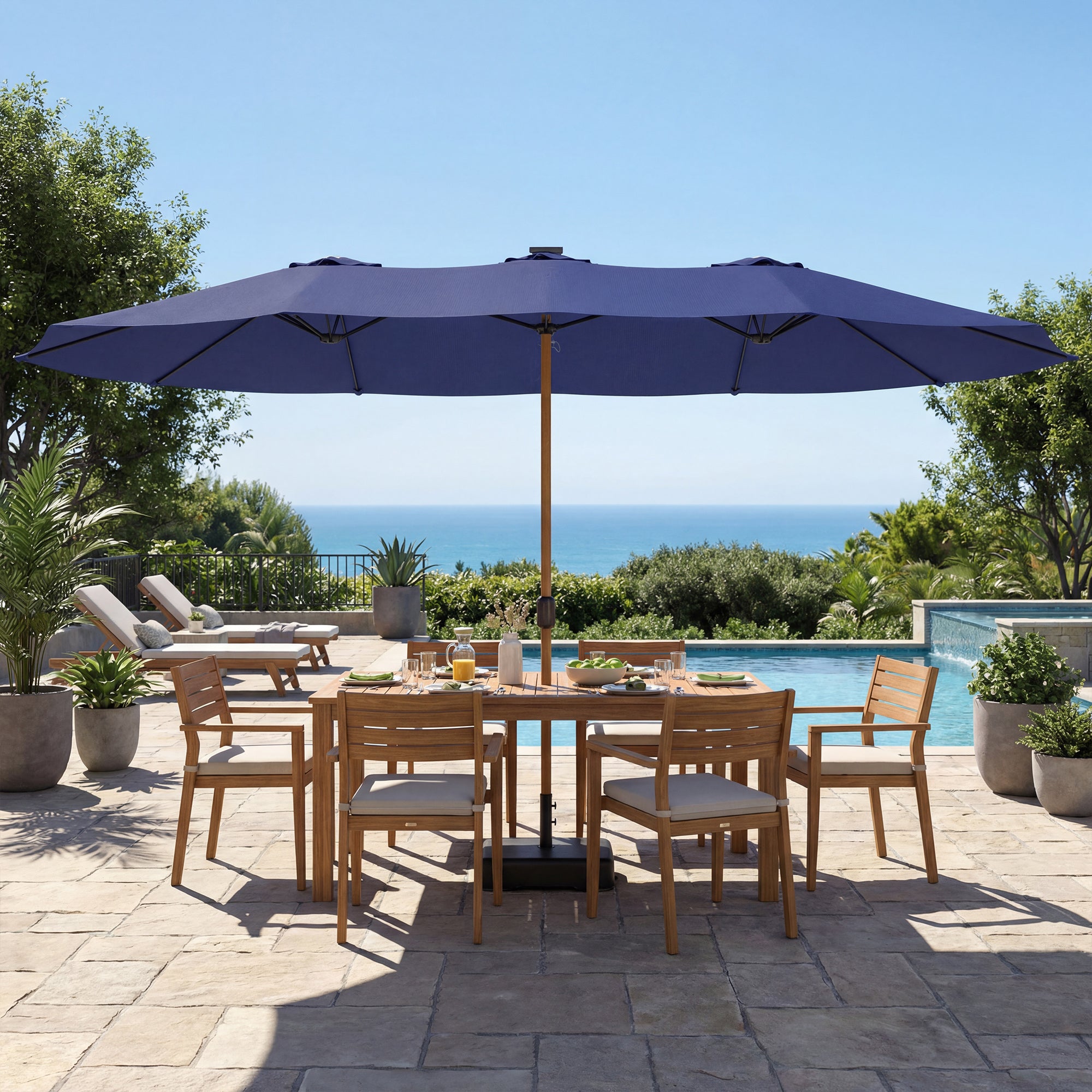 Outsunny Sombrilla Doble 4,7x2,8 m, Sombrilla Terraza Exterior con Base Incluida, Manivela Manual, Sacos de Arena y Funda, Anti-UV, Resistente al Agua, Parasol para Jardín, Terraza, Patio, Azul Oscuro