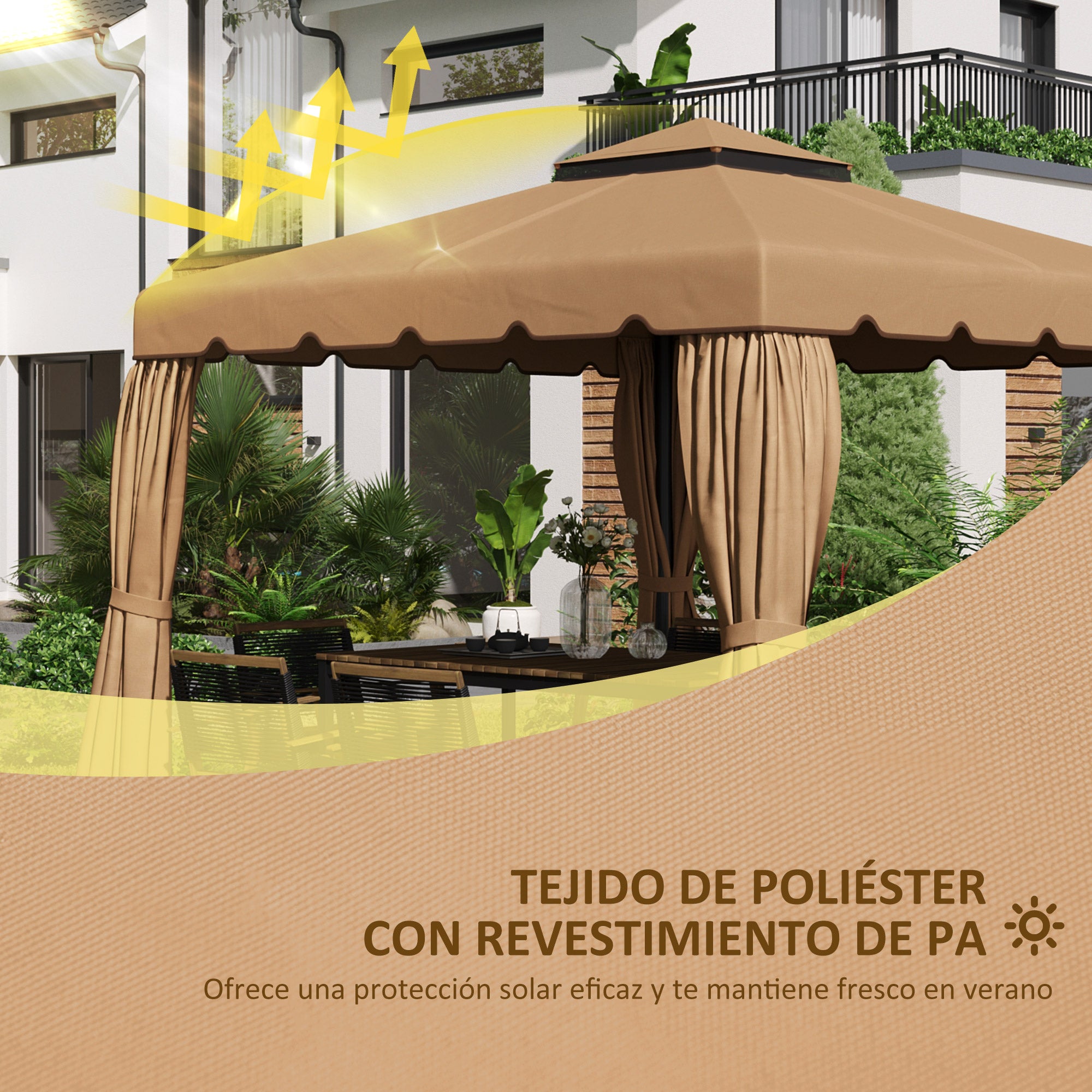 Outsunny Techo de Repuesto para Cenador 3x3 m Cubierta de Repuesto con Techo Doble con 8 Orificios de Drenaje Toldo de Recambio para Pabellón Gazebo Caqui