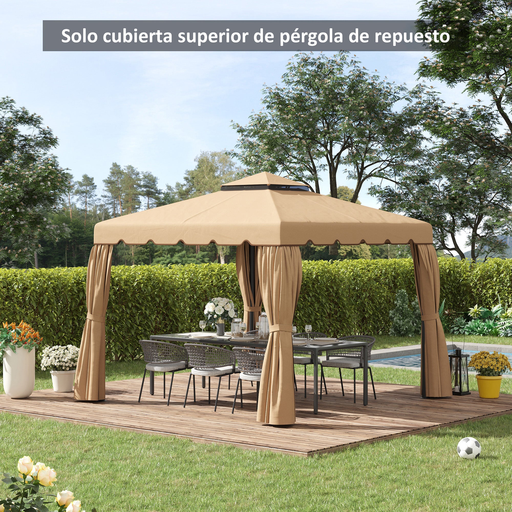 Outsunny Techo de Repuesto para Cenador 3x3 m Cubierta de Repuesto con Techo Doble con 8 Orificios de Drenaje Toldo de Recambio para Pabellón Gazebo Caqui