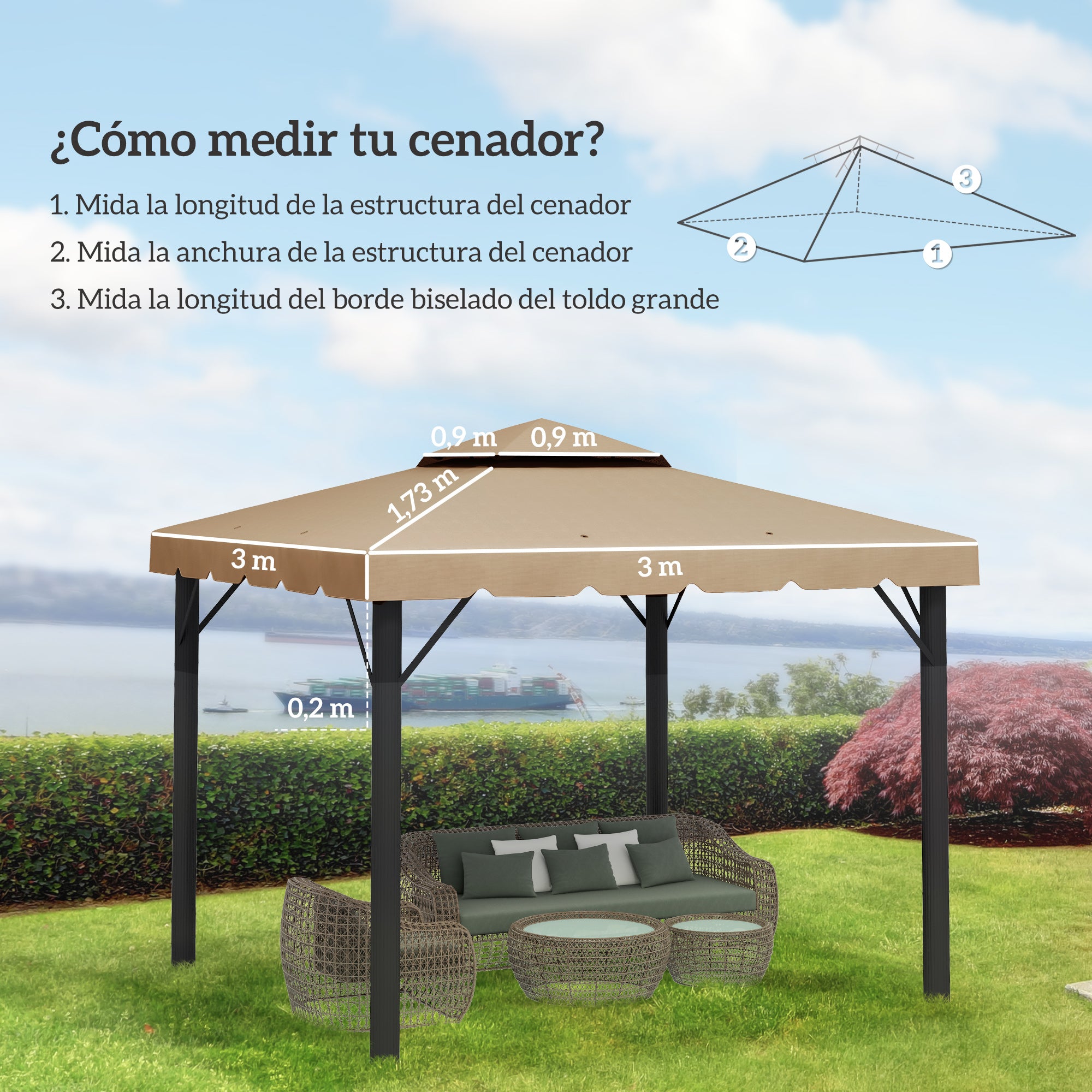Outsunny Techo de Repuesto para Cenador 3x3 m Cubierta de Repuesto con Techo Doble con 8 Orificios de Drenaje Toldo de Recambio para Pabellón Gazebo Caqui