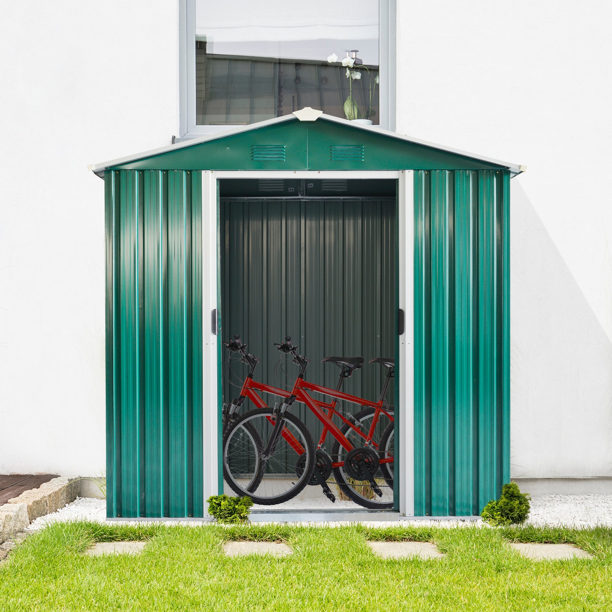 Outsunny Caseta de Jardín 2,2 m² 194x110x184 cm Cobertizo de Acero Galvanizado para Almacenamiento de Herramientas con Puerta Corrediza y 4 Ventanas para Terraza Exterior Verde
