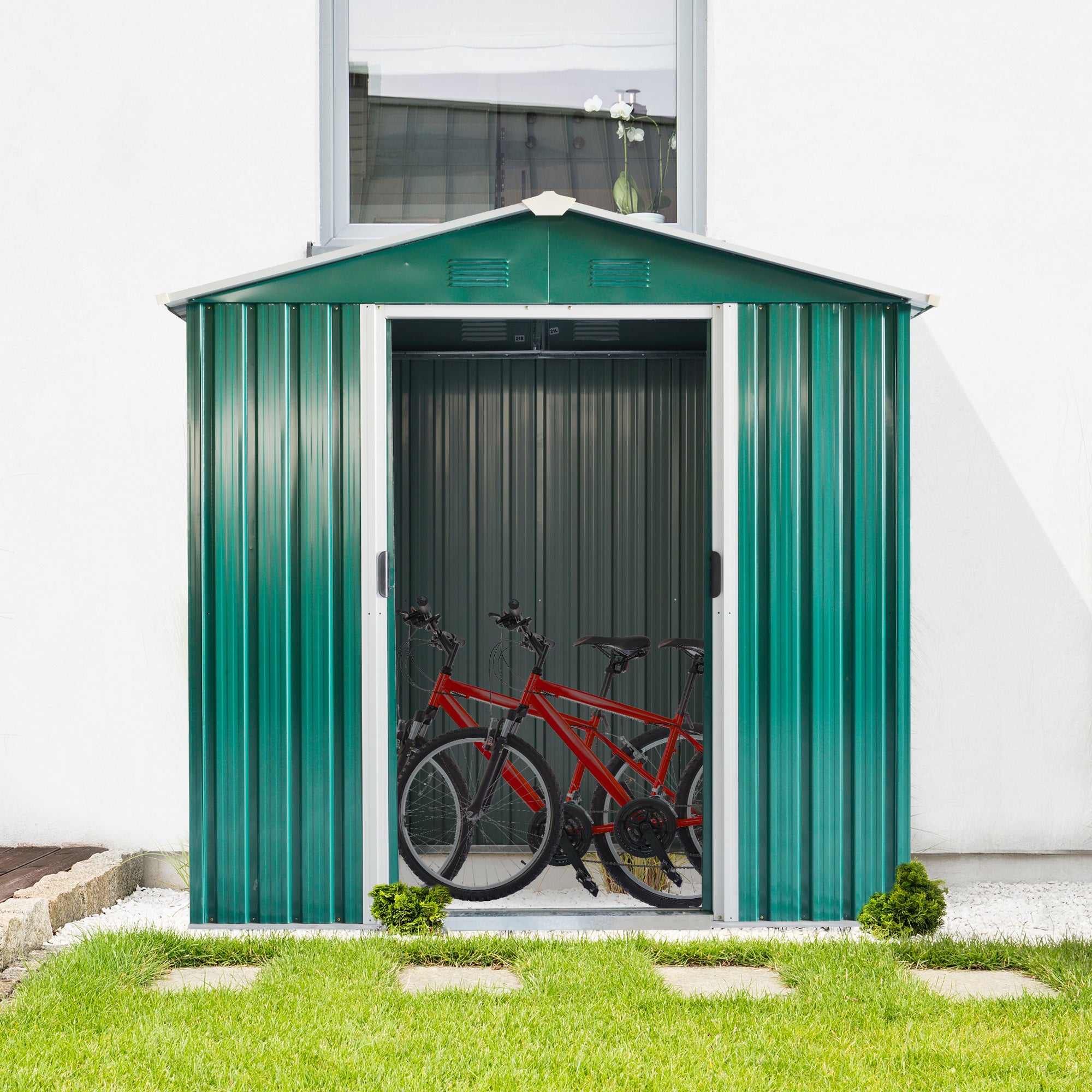 Outsunny Caseta de Jardín 2,2 m² 194x110x184 cm Cobertizo de Acero Galvanizado para Almacenamiento de Herramientas con Puerta Corrediza y 4 Ventanas para Terraza Exterior Verde