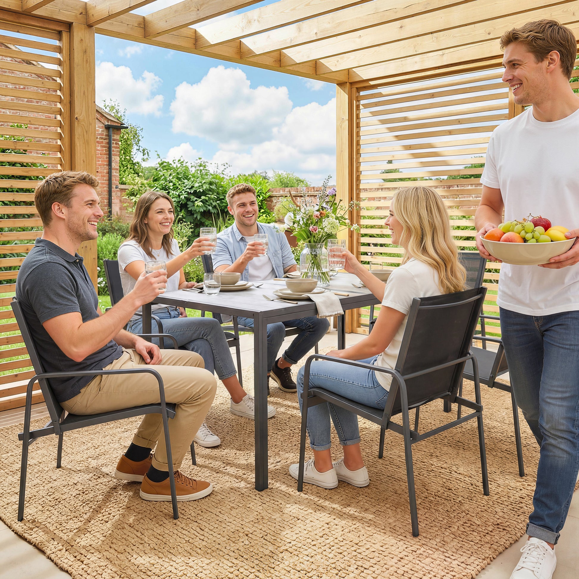 Outsunny Conjunto de Mesa y Sillas Jardín de 7 Piezas, Muebles de Jardín Exterior con Mesa de Efecto Madera y 6 Sillas con Asiento Transpirable, Marco de Acero Galvanizado, para Terraza, Patio, Negro