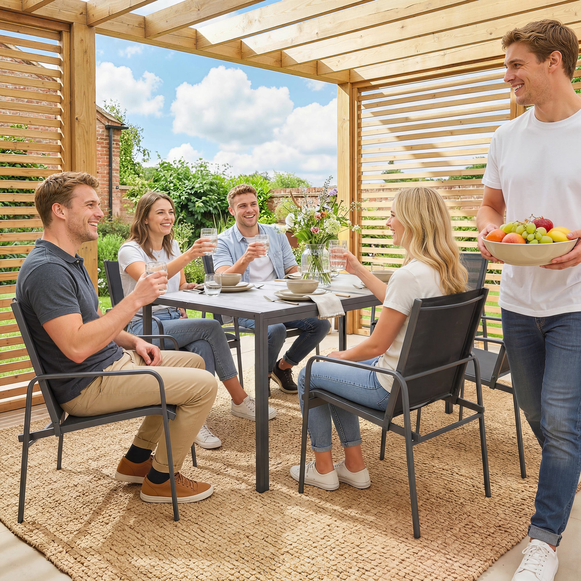Outsunny Conjunto de Mesa y Sillas Jardín de 7 Piezas, Muebles de Jardín Exterior con Mesa de Efecto Madera y 6 Sillas con Asiento Transpirable, Marco de Acero Galvanizado, para Terraza, Patio, Negro