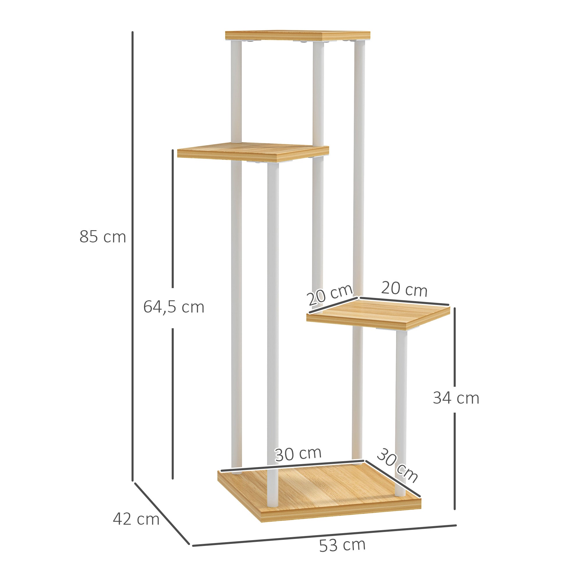 Outsunny Estantería para Plantas de 4 Niveles Soporte para Plantas de Madera y Acero con 4 Estantes Cuadrados Soporte para Macetas para Interior y Exterior 53x42x85 cm Natural y Blanco