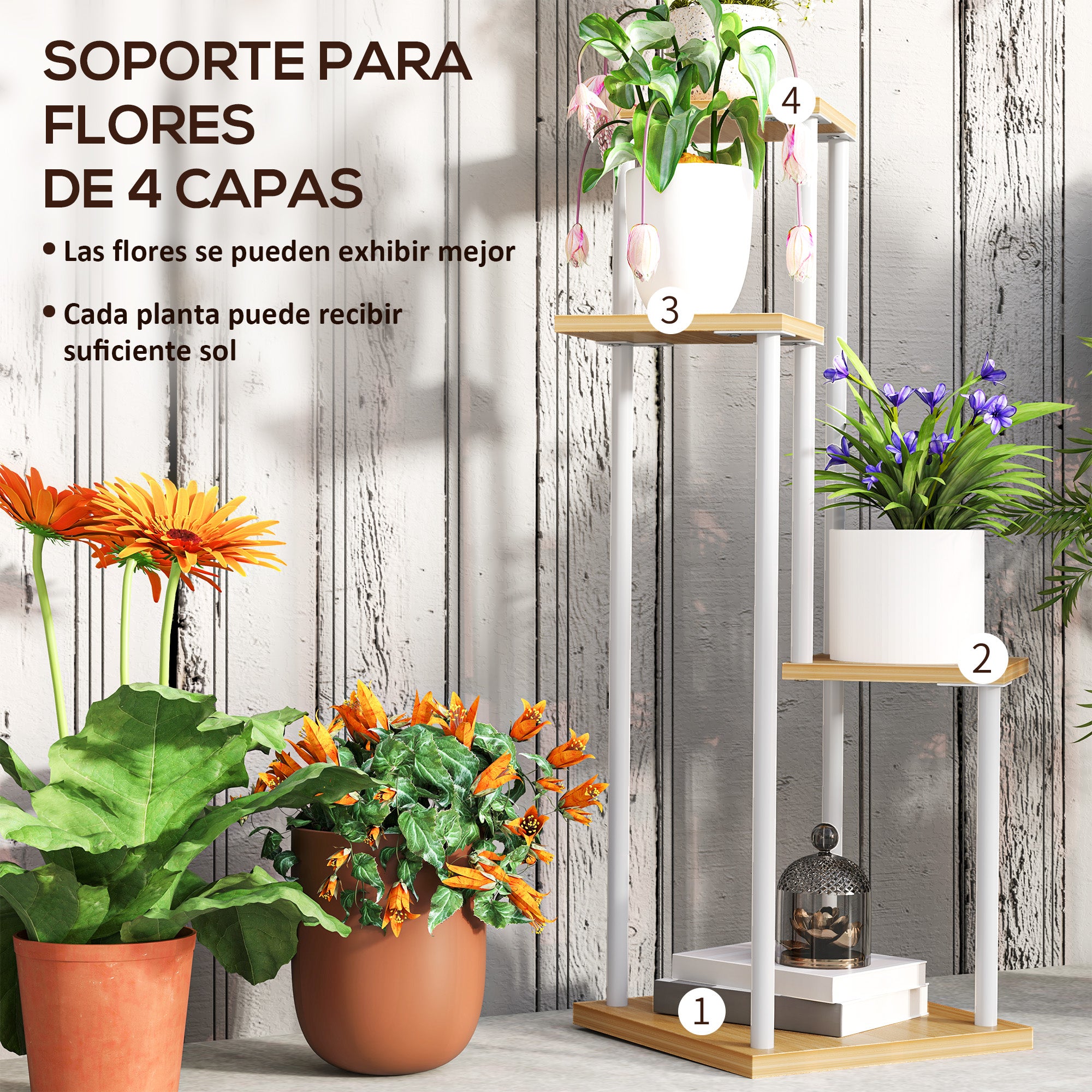 Outsunny Estantería para Plantas de 4 Niveles Soporte para Plantas de Madera y Acero con 4 Estantes Cuadrados Soporte para Macetas para Interior y Exterior 53x42x85 cm Natural y Blanco