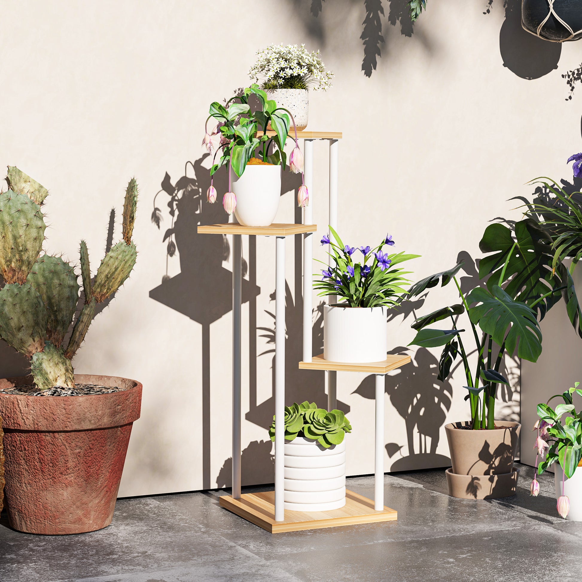 Outsunny Estantería para Plantas de 4 Niveles Soporte para Plantas de Madera y Acero con 4 Estantes Cuadrados Soporte para Macetas para Interior y Exterior 53x42x85 cm Natural y Blanco