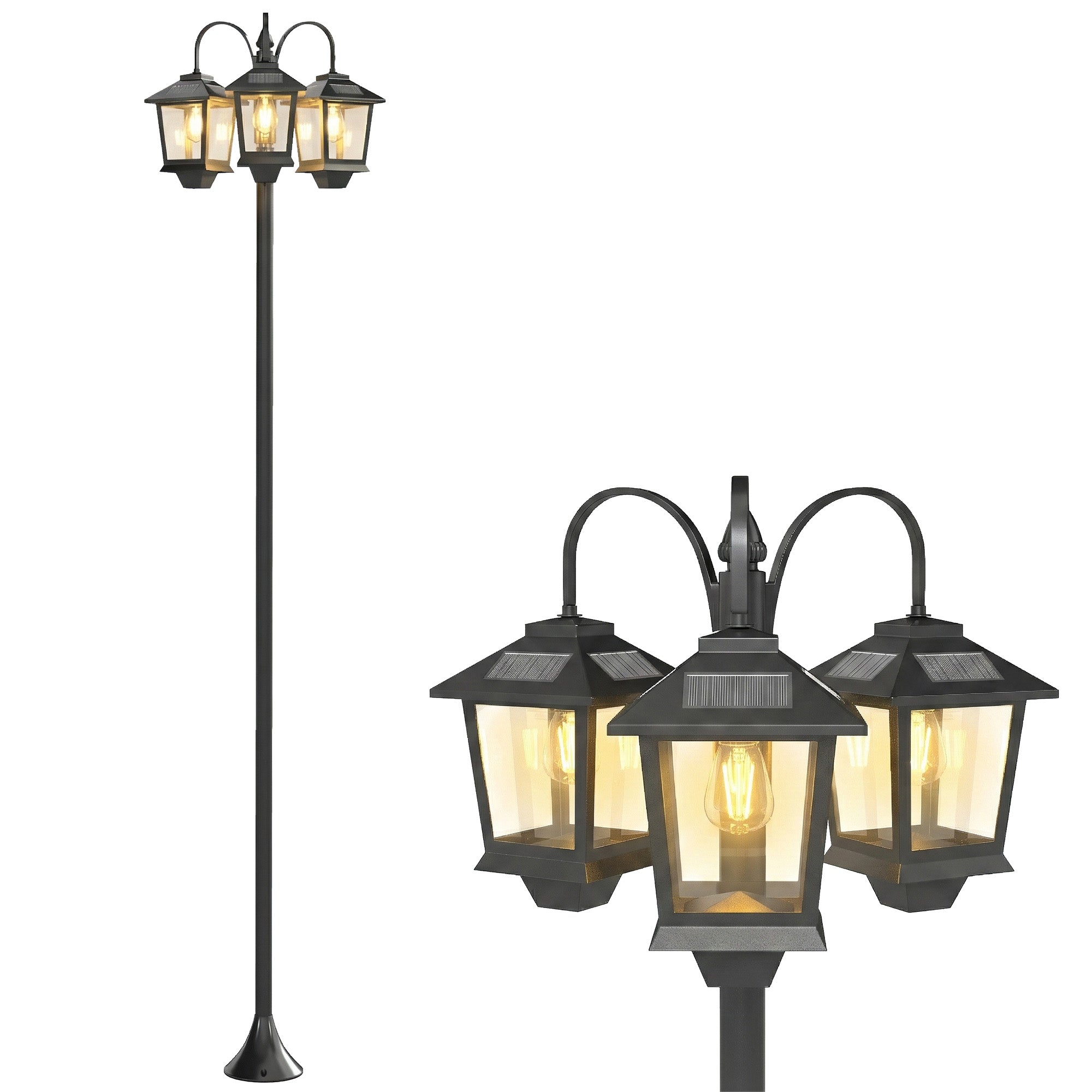 Outsunny Farola Solar Exterior de Jardín con 3 Cabezales, Luz Solar de Exterior de Aluminio con Encendido/Apagado Automático, Impermeable IP44, para Terraza, Patio, 40x34,5x188 cm, Negro