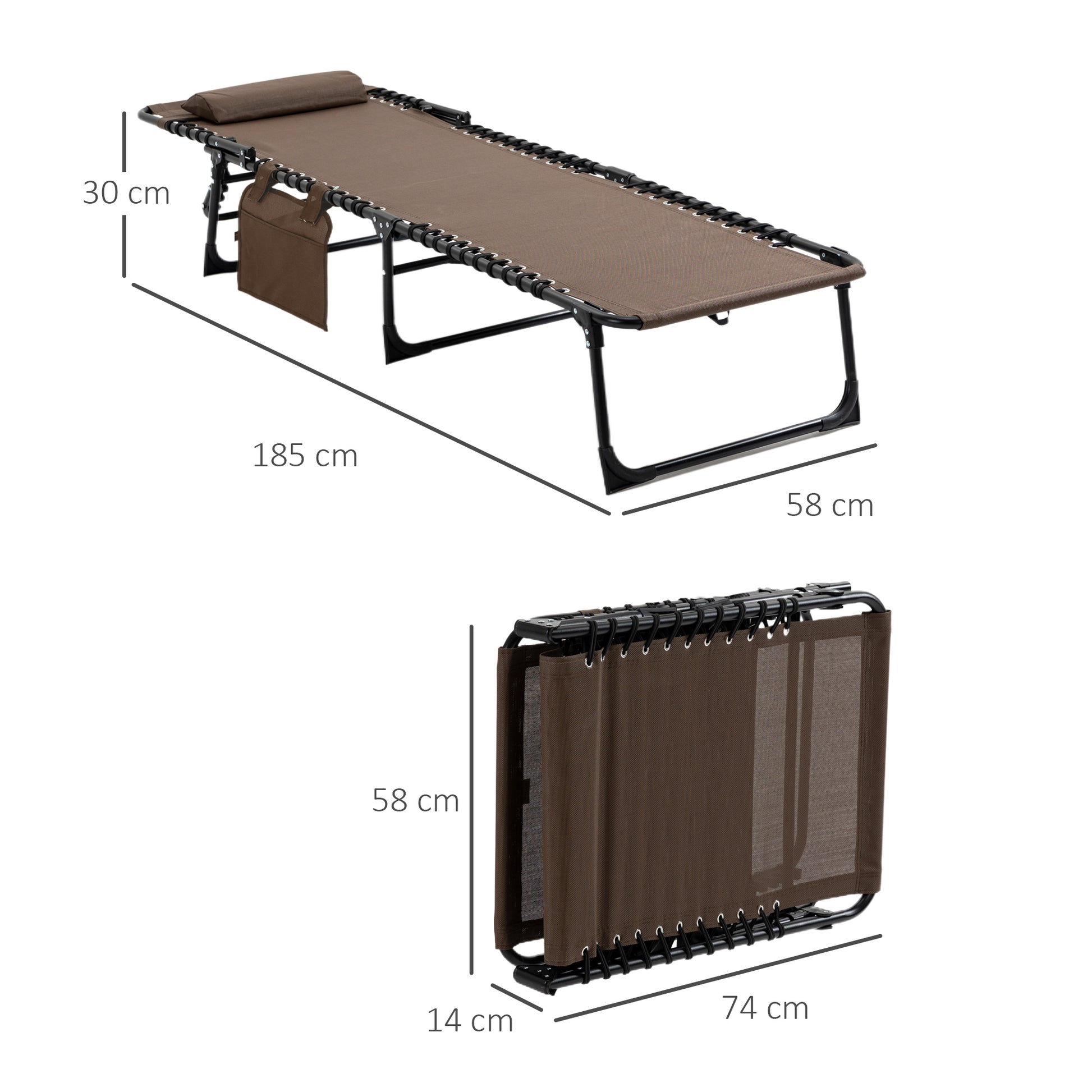 Outsunny Tumbona Plegable Tumbona Jardín Exterior con Respaldo Ajustable Reposacabezas Acolchado Bolsillo Lateral y Estructura de Acero 185x58x30 cm Marrón