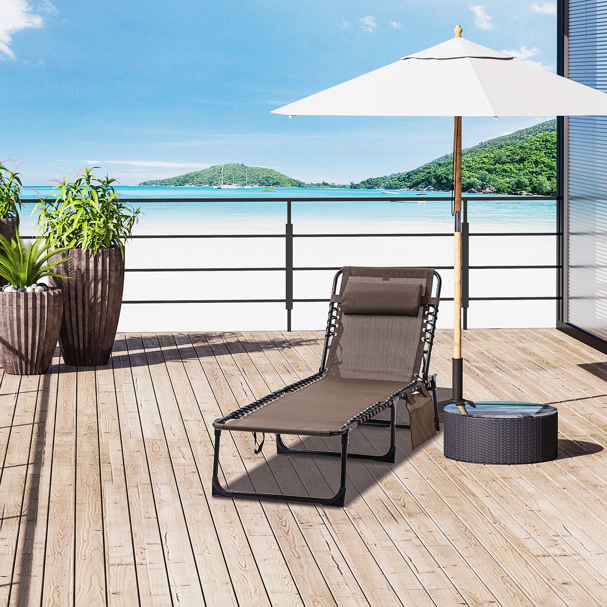 Outsunny Tumbona Plegable Tumbona Jardín Exterior con Respaldo Ajustable Reposacabezas Acolchado Bolsillo Lateral y Estructura de Acero 185x58x30 cm Marrón