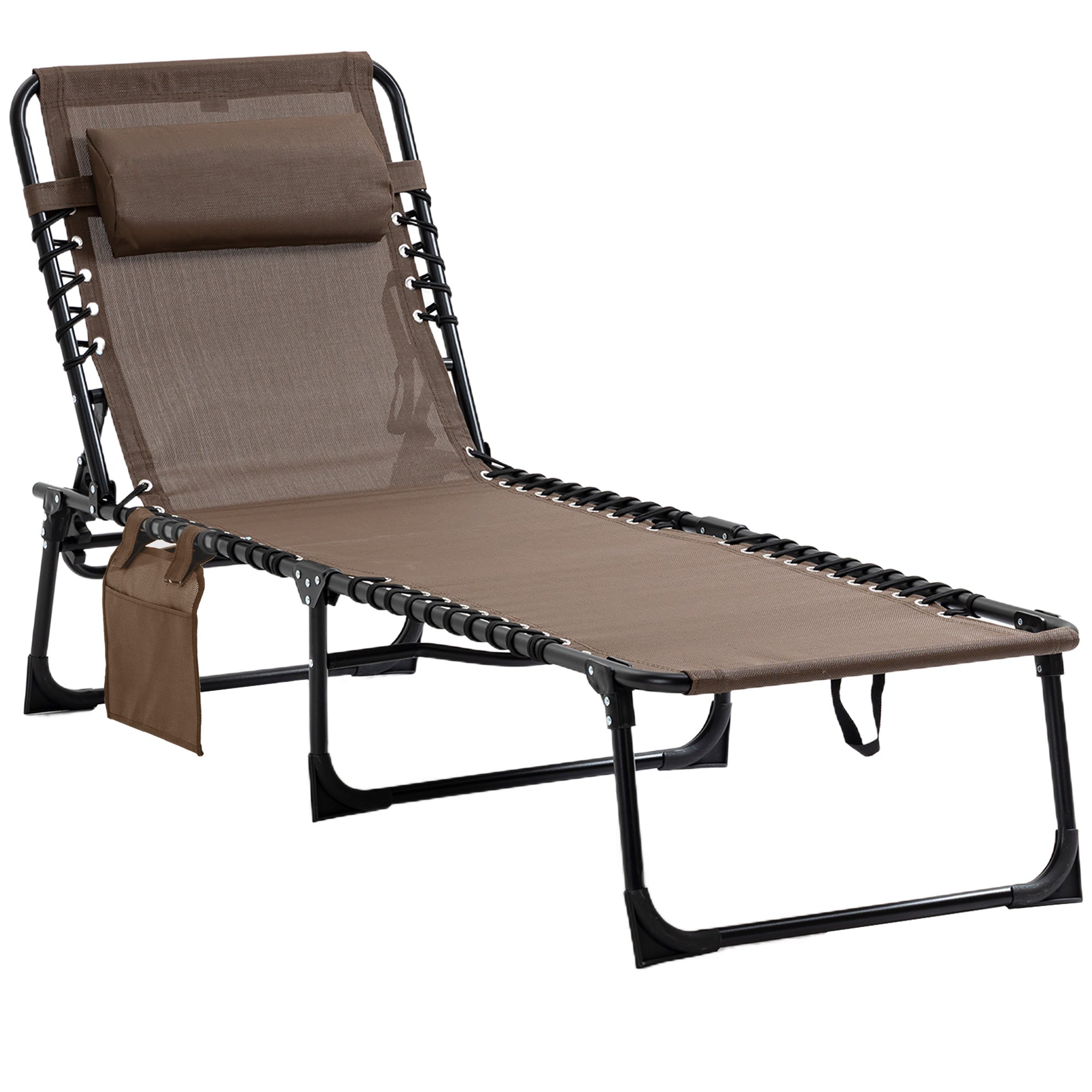 Outsunny Tumbona Plegable Tumbona Jardín Exterior con Respaldo Ajustable Reposacabezas Acolchado Bolsillo Lateral y Estructura de Acero 185x58x30 cm Marrón