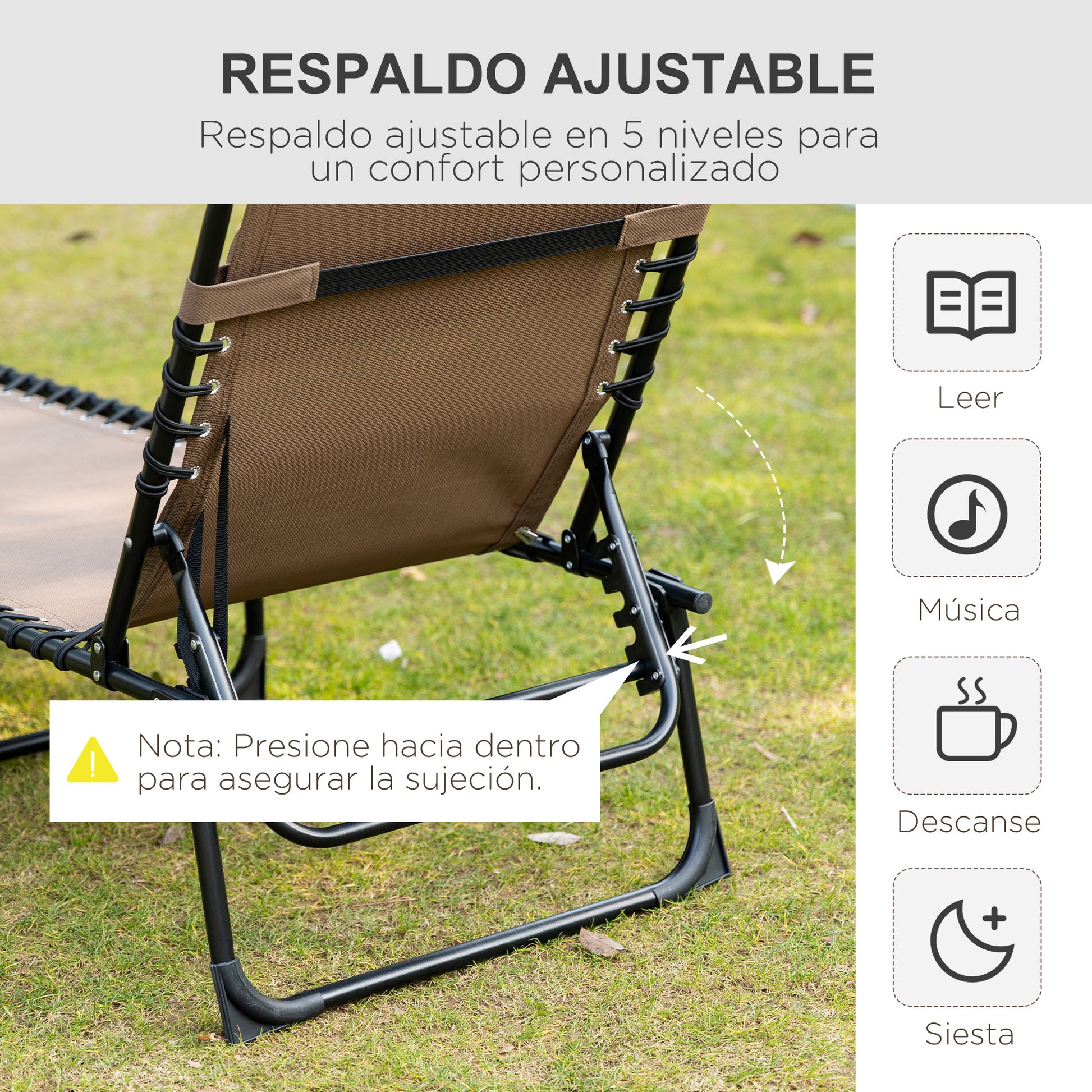 Outsunny Tumbona Plegable Tumbona Jardín Exterior con Respaldo Ajustable Reposacabezas Acolchado Bolsillo Lateral y Estructura de Acero 185x58x30 cm Marrón
