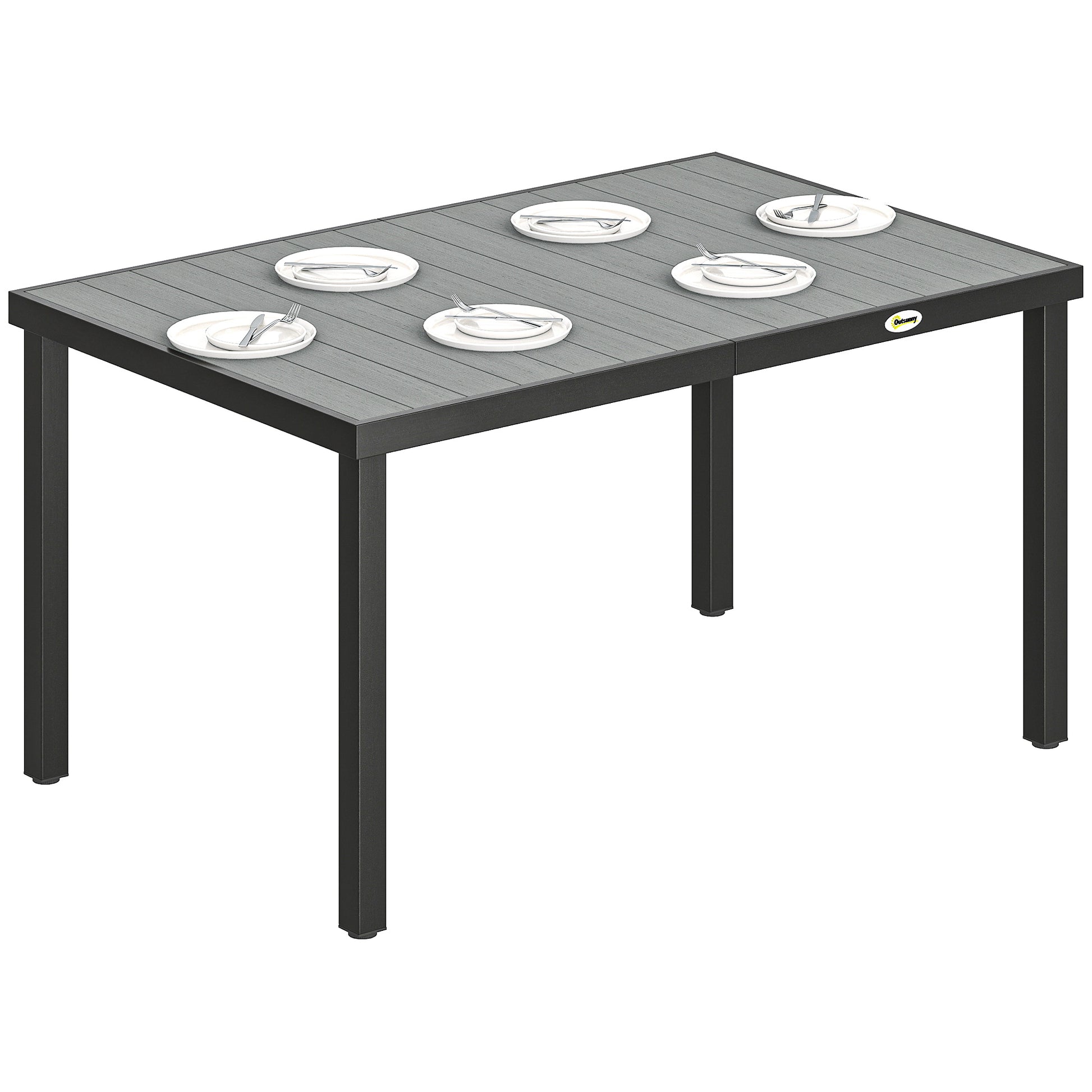 Outsunny Mesa de Comedor de Jardín Rectangular, Mesa de Terraza Exterior 140x90x74 cm, con Estructura de Acero y Encimera Desmontable de WPC de Listones, Carga 50 kg, para Patio, Balcón, Gris
