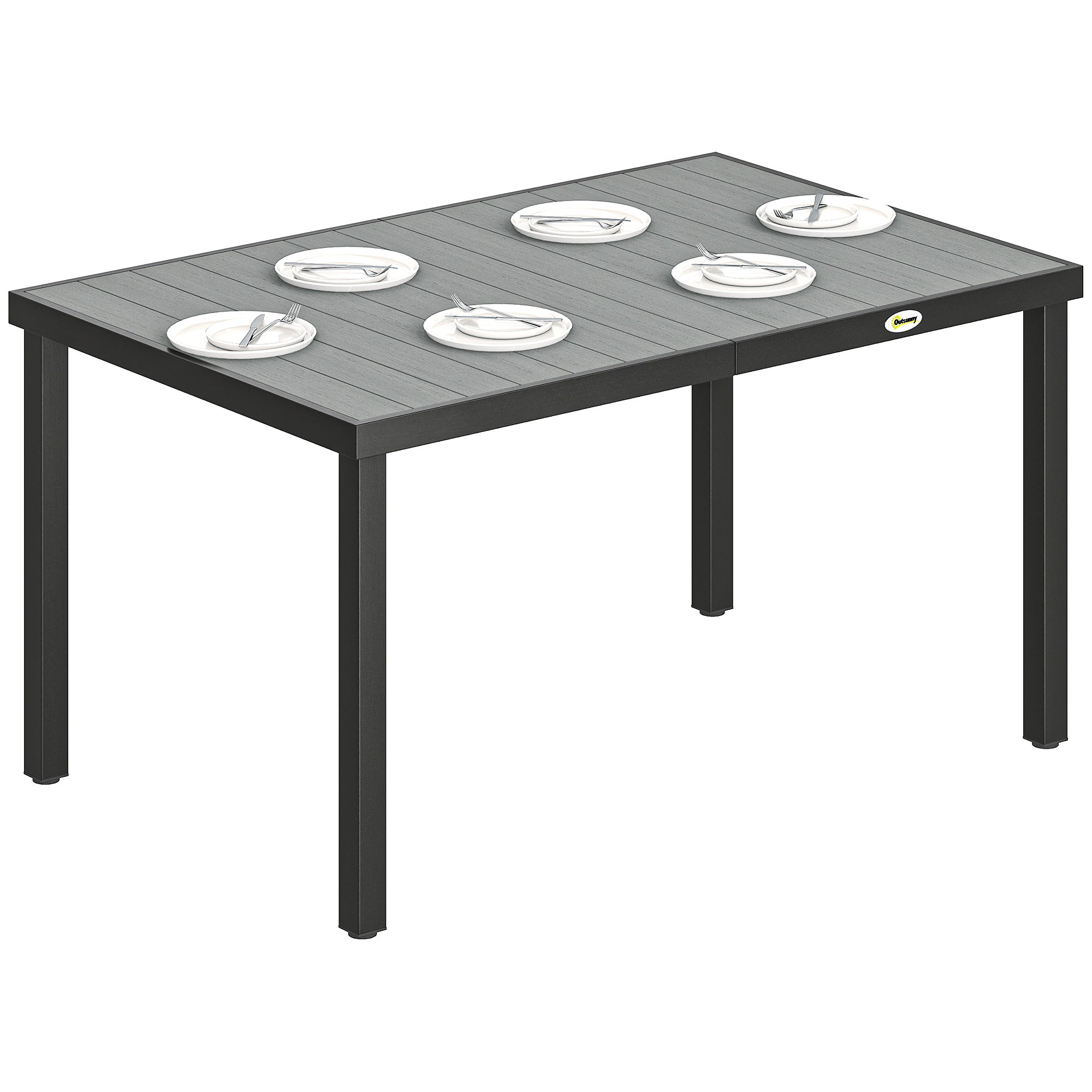 Outsunny Mesa de Comedor de Jardín Rectangular, Mesa de Terraza Exterior 140x90x74 cm, con Estructura de Acero y Encimera Desmontable de WPC de Listones, Carga 50 kg, para Patio, Balcón, Gris