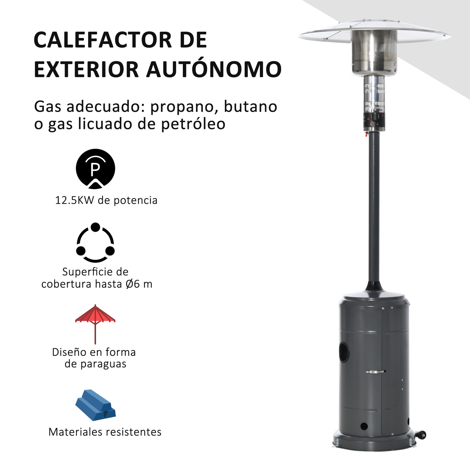 Outsunny Calentador de Patio 12,5KW Tipo Sombrilla Estufa de Gas para Exterior con Apagado Automático Ruedas y Cubierta Ø81x222 cm Gris Carbón