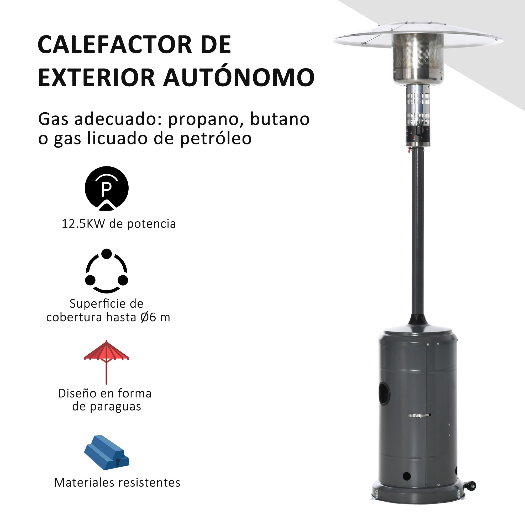 Outsunny Calentador de Patio 12,5KW Tipo Sombrilla Estufa de Gas para Exterior con Apagado Automático Ruedas y Cubierta Ø81x222 cm Gris Carbón