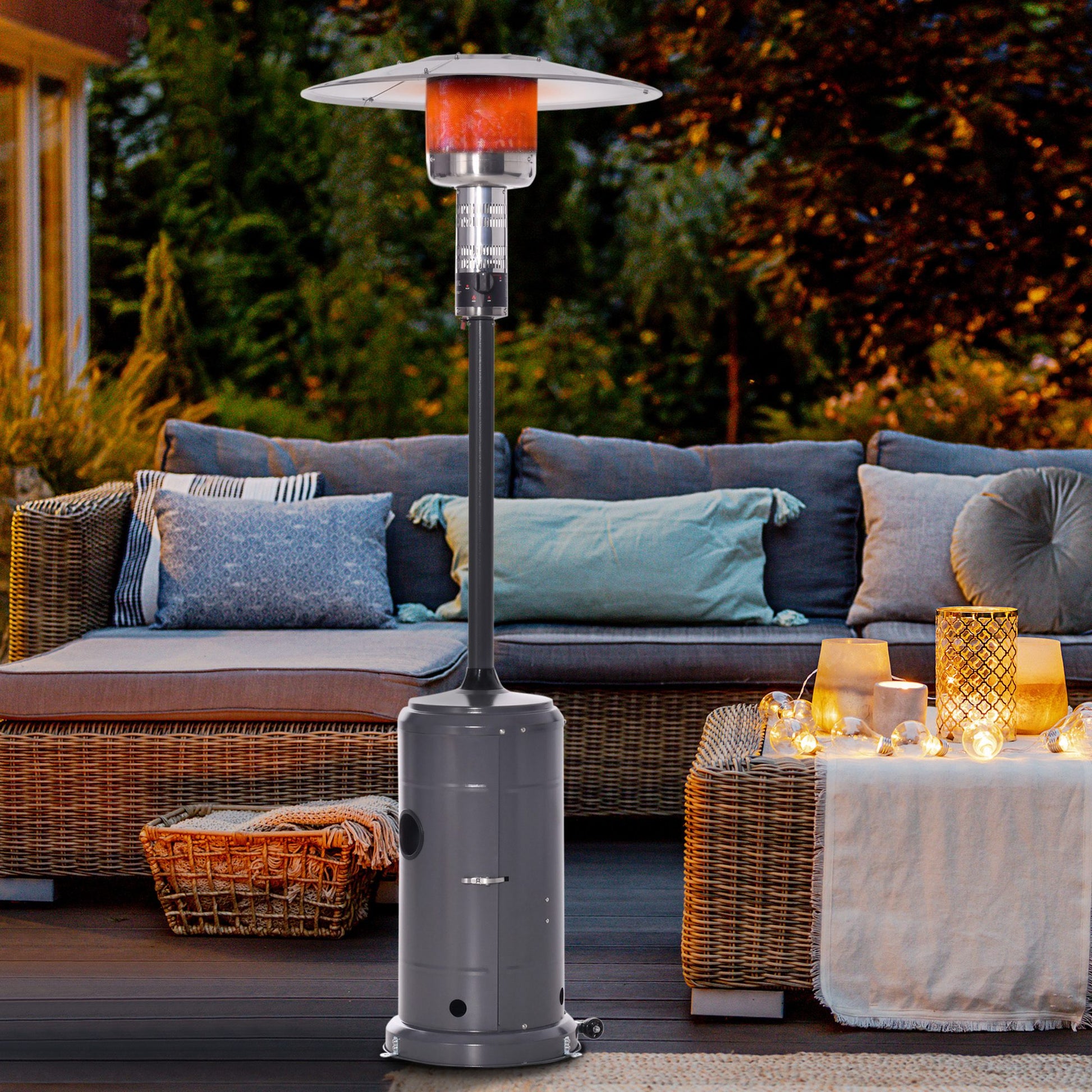 Outsunny Calentador de Patio 12,5KW Tipo Sombrilla Estufa de Gas para Exterior con Apagado Automático Ruedas y Cubierta Ø81x222 cm Gris Carbón