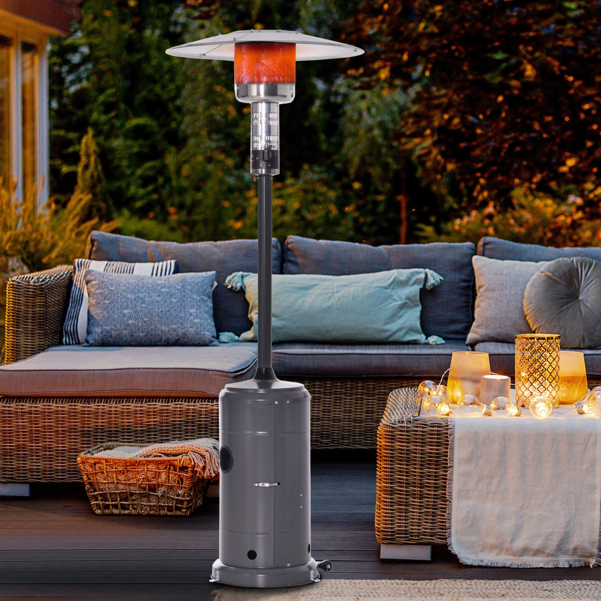 Outsunny Calentador de Patio 12,5KW Tipo Sombrilla Estufa de Gas para Exterior con Apagado Automático Ruedas y Cubierta Ø81x222 cm Gris Carbón