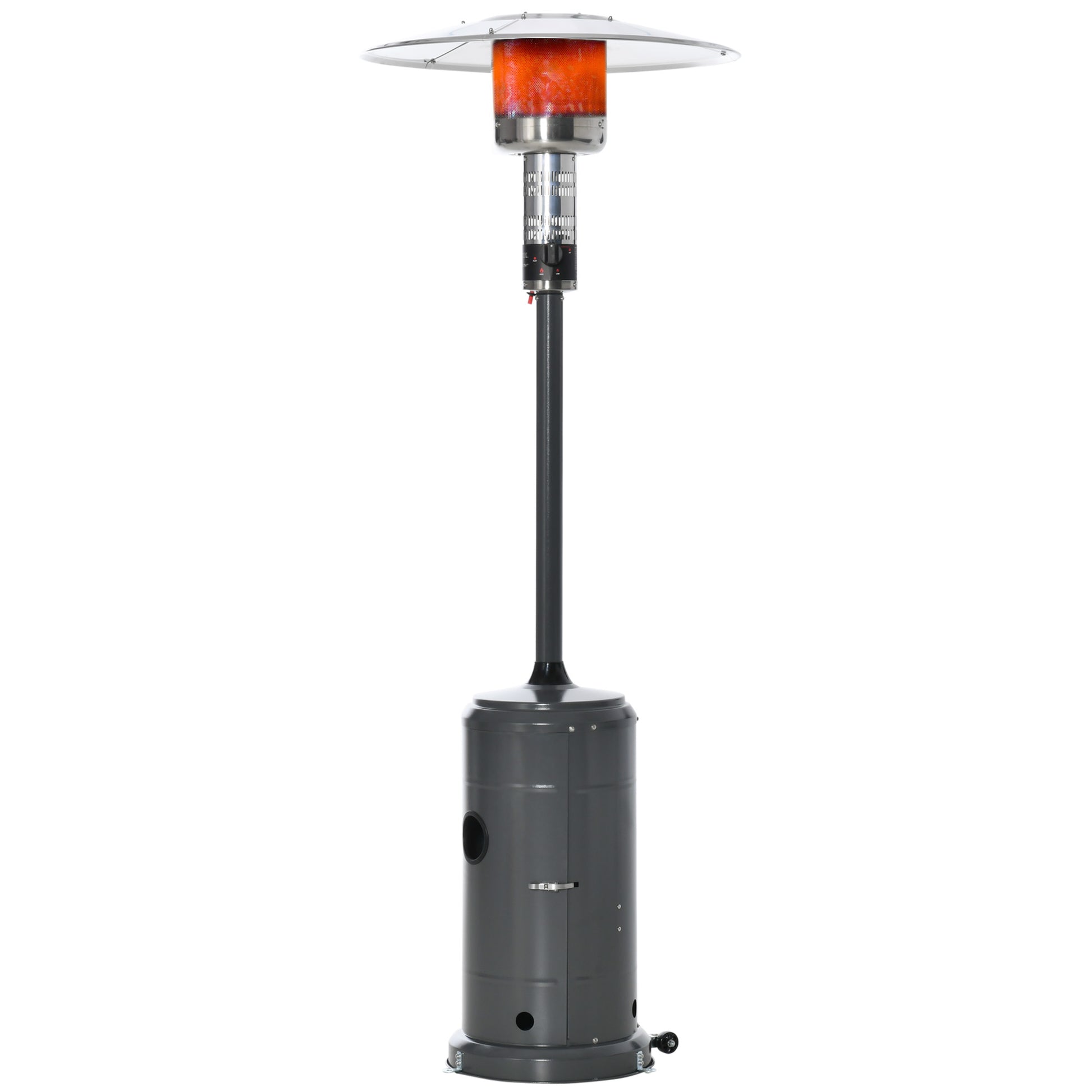 Outsunny Calentador de Patio 12,5KW Tipo Sombrilla Estufa de Gas para Exterior con Apagado Automático Ruedas y Cubierta Ø81x222 cm Gris Carbón