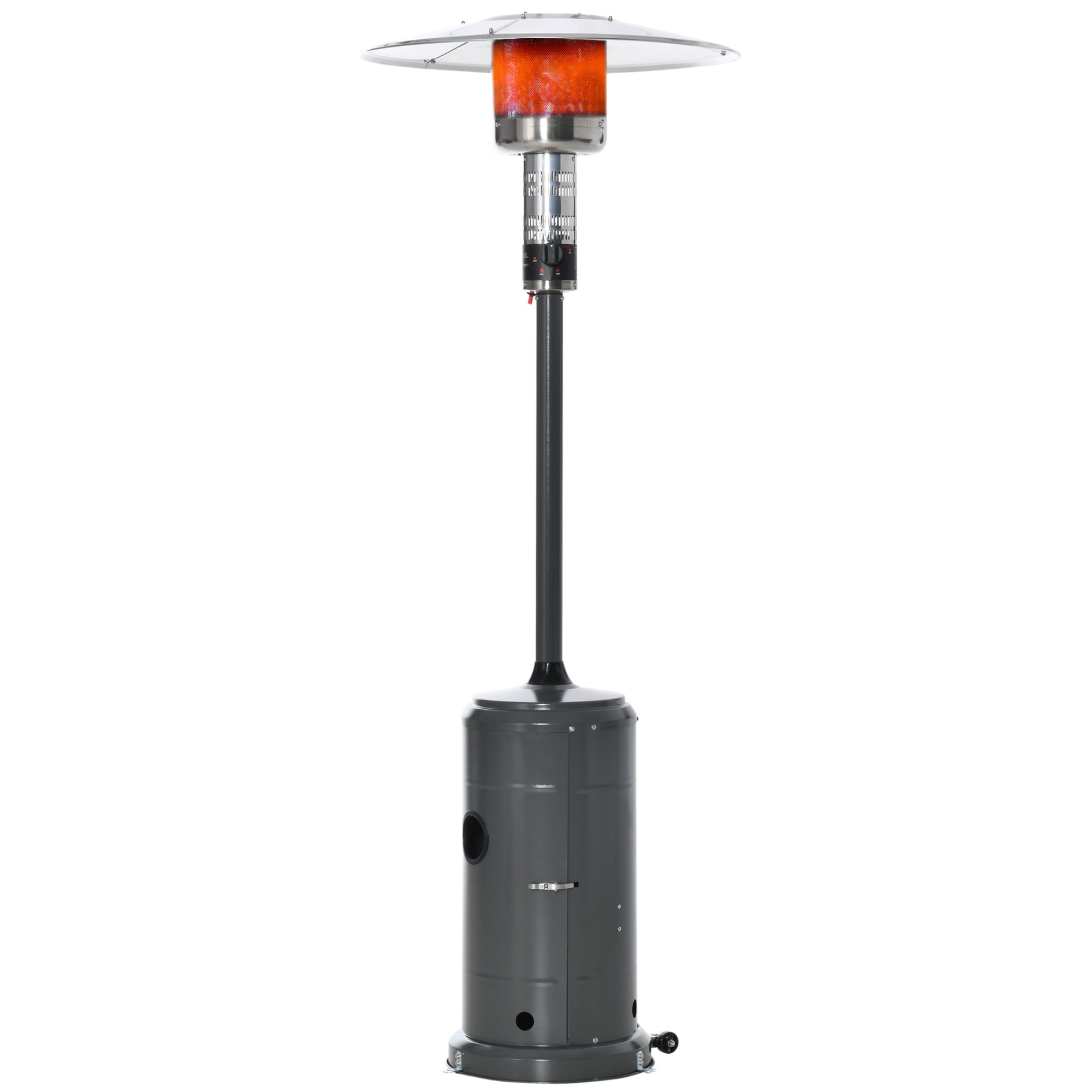 Outsunny Calentador de Patio 12,5KW Tipo Sombrilla Estufa de Gas para Exterior con Apagado Automático Ruedas y Cubierta Ø81x222 cm Gris Carbón