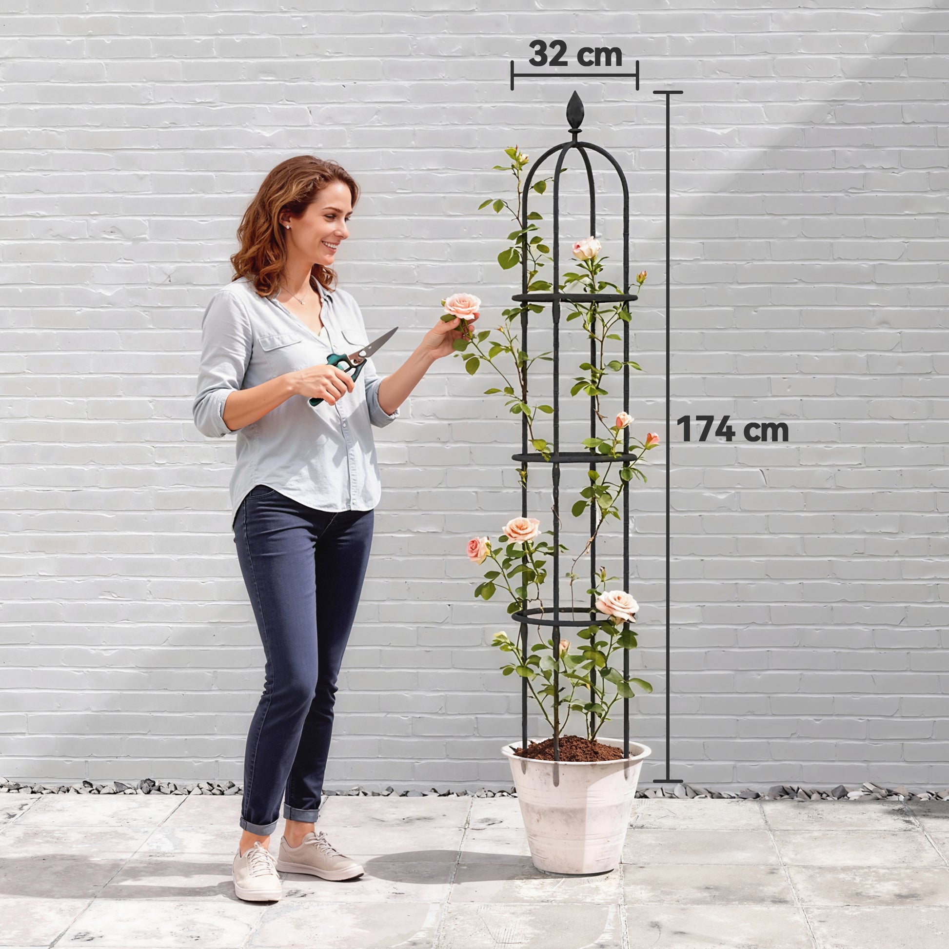 Outsunny Juego de 2 Obeliscos de Jardín de Acero, 1,74 m, Enrejados para Plantas Trepadoras, Rosas, Frutas, Verduras, Soportes Decorativos para Exterior, Patio, Terraza, Negro