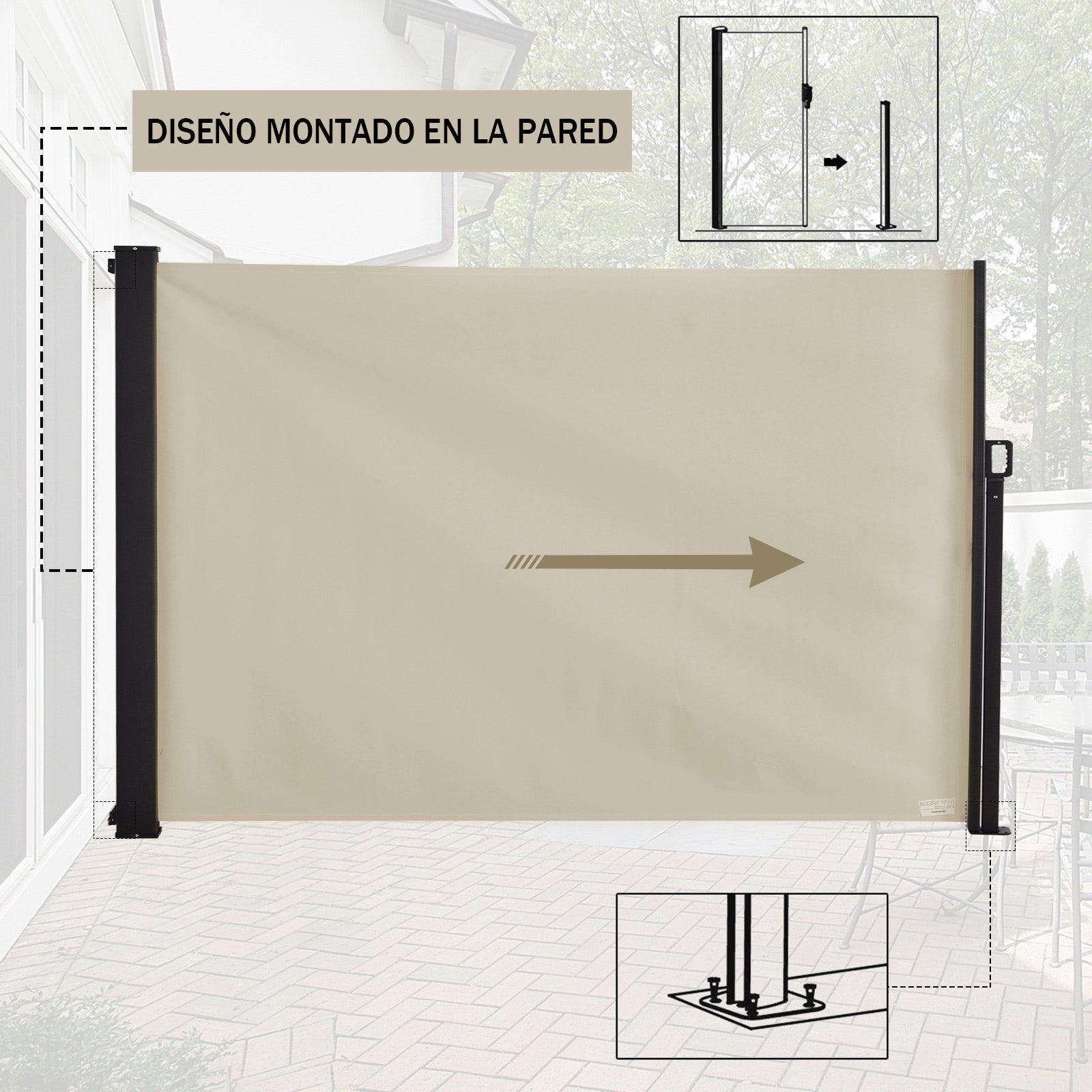 Outsunny Toldo Lateral Retráctil Exterior 350x180cm Pantalla de Privacidad contra Sol Viento Visión para Jardín Patio Balcón Tejado Hecho de Aluminio Poliéster Montar Utilizar Fácil Beige