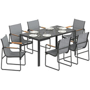 Outsunny Conjunto de Mesa y Sillas Jardín de 7 Piezas, Muebles Jardín Exterior con Mesa de Vidrio Templado, 6 Sillas Transpirables Decorativas, Marco de Acero Resistente a la Intemperie, Gris
