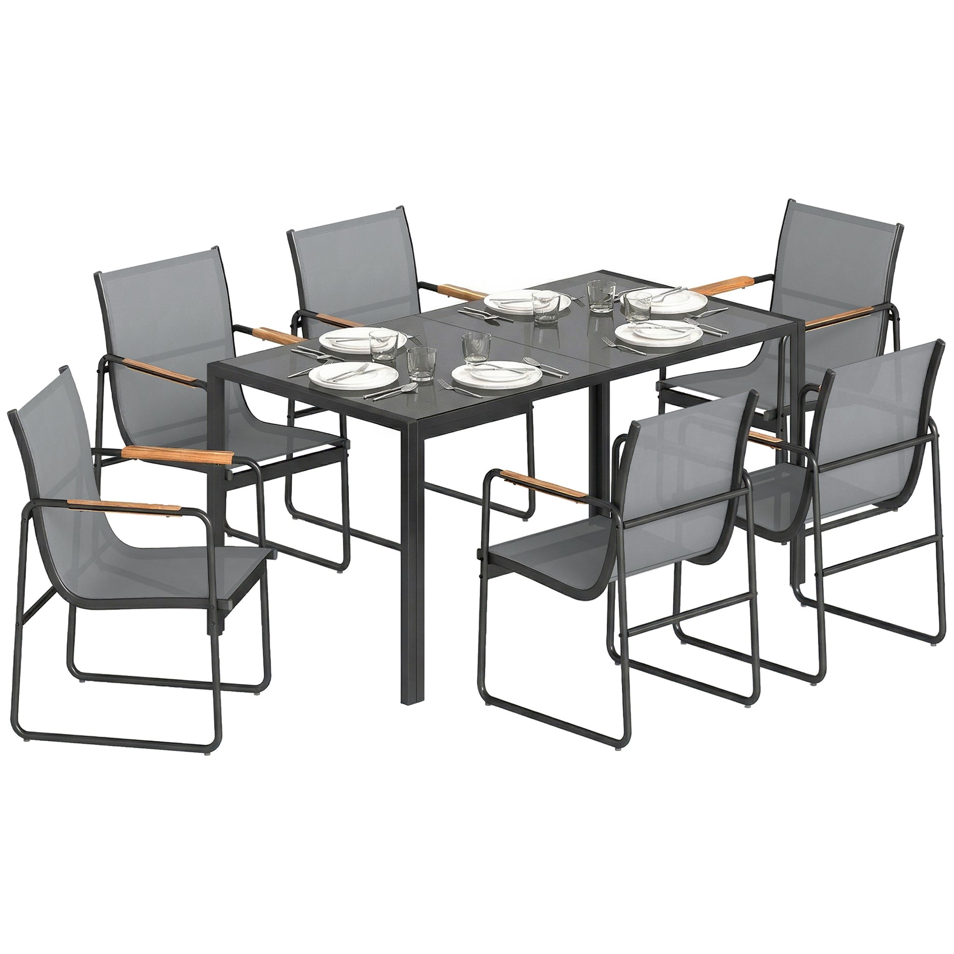 Outsunny Conjunto de Mesa y Sillas Jardín de 7 Piezas, Muebles Jardín Exterior con Mesa de Vidrio Templado, 6 Sillas Transpirables Decorativas, Marco de Acero Resistente a la Intemperie, Gris