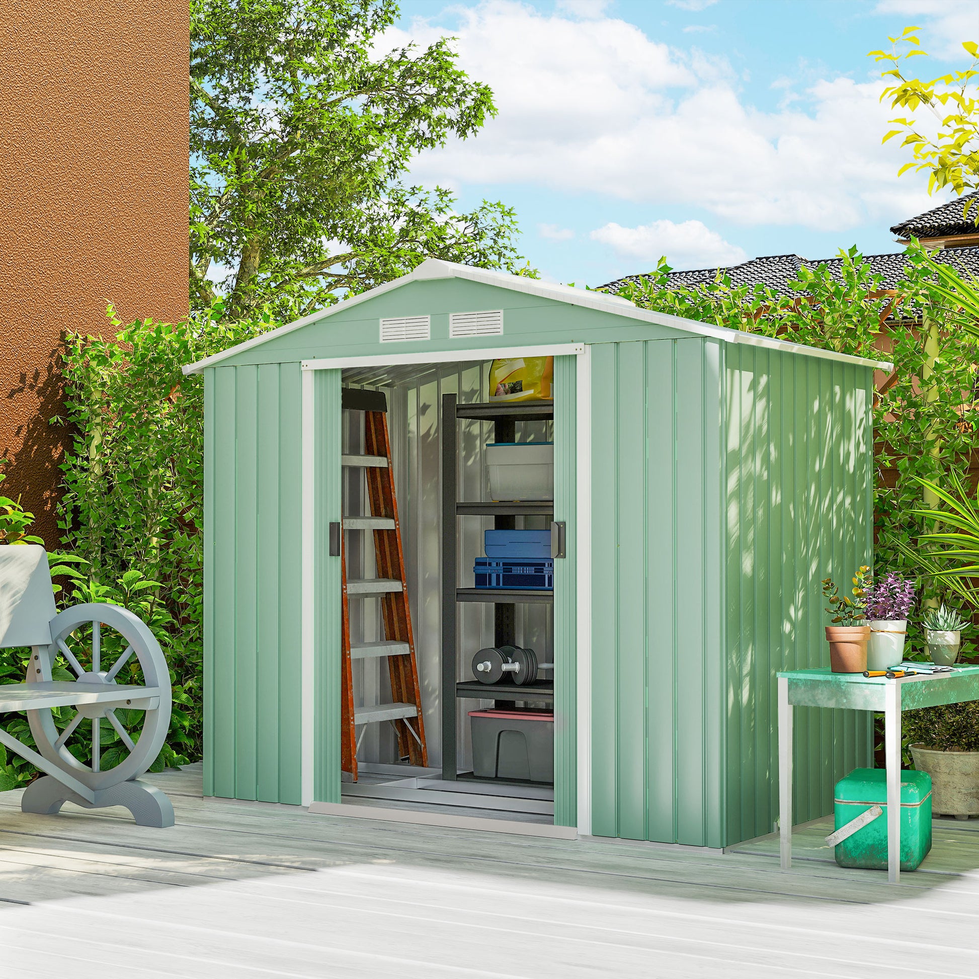Outsunny Caseta de Jardín Exterior, 2,5 m² 213x130x185 cm, Cobertizo de Jardín Exterior Metálico con 2 Puertas Correderas, Base Refuerzo (Suelo NO Incluido) y 4 Ventanas, Verde Claro