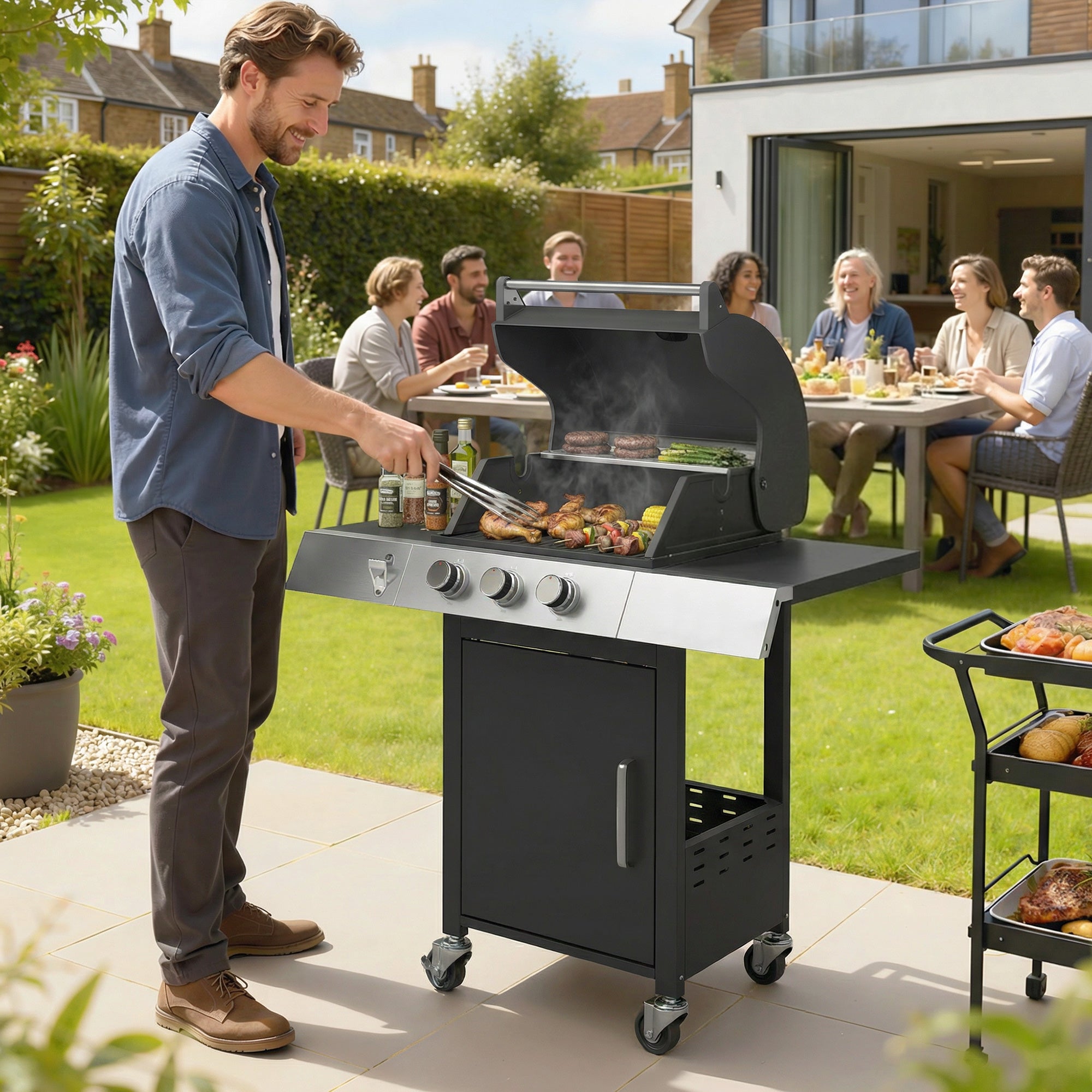 Outsunny Barbacoa de Gas BBQ Gas con 3 Quemadores 8,1 kW Barbacoa Portátil con Termómetro Mesas Laterales Armario Rejilla Calentadora Parrillas de Hierro Fundido Recogedor Grasa y 4 Ruedas Negro