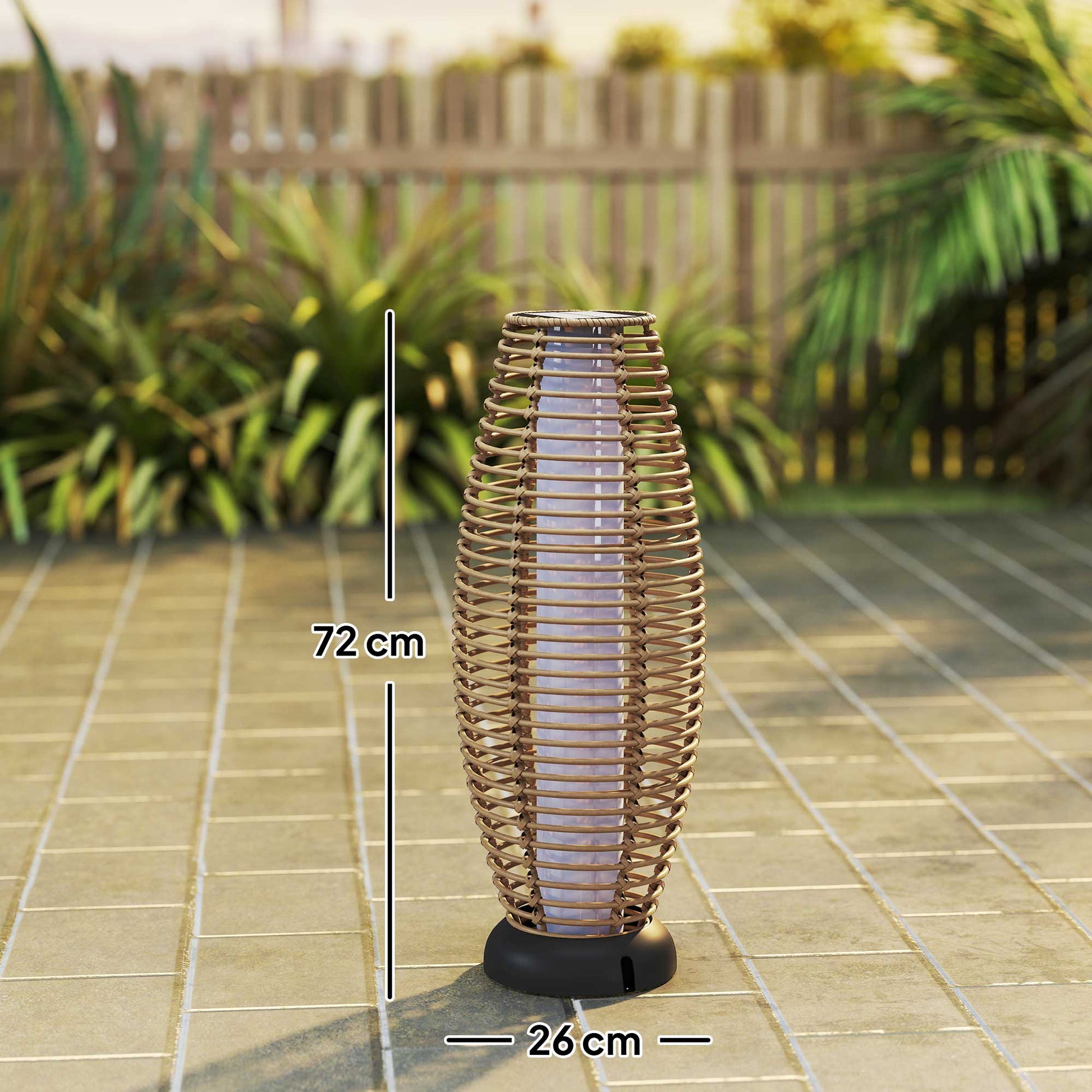 Outsunny Linterna de Jardín de Ratán Sintético Farola Solar Exterior con Luces LED Encendido y Apagado Automático Impermeable para Terraza Balcón Patio Ø26x72 cm Natural