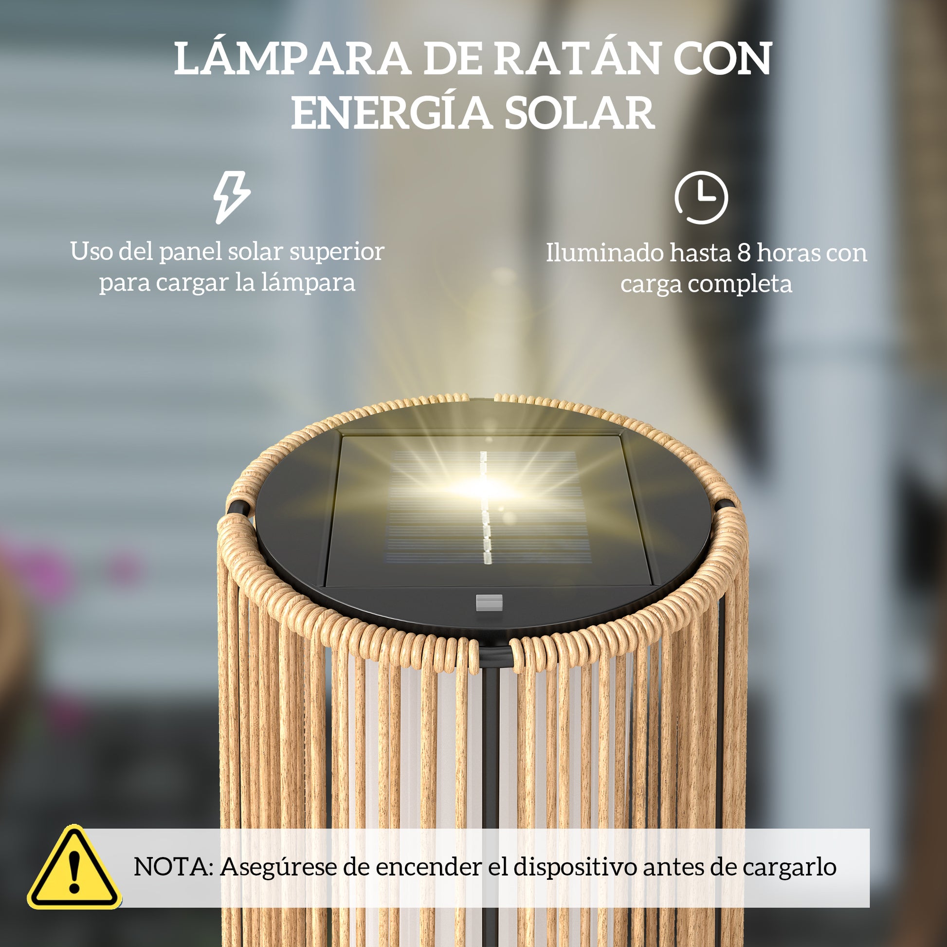 Outsunny Linterna de Jardín de Ratán Sintético Farola Solar Exterior con Luces LED Encendido y Apagado Automático Impermeable para Terraza Balcón Patio Ø21,5x61 cm Natural