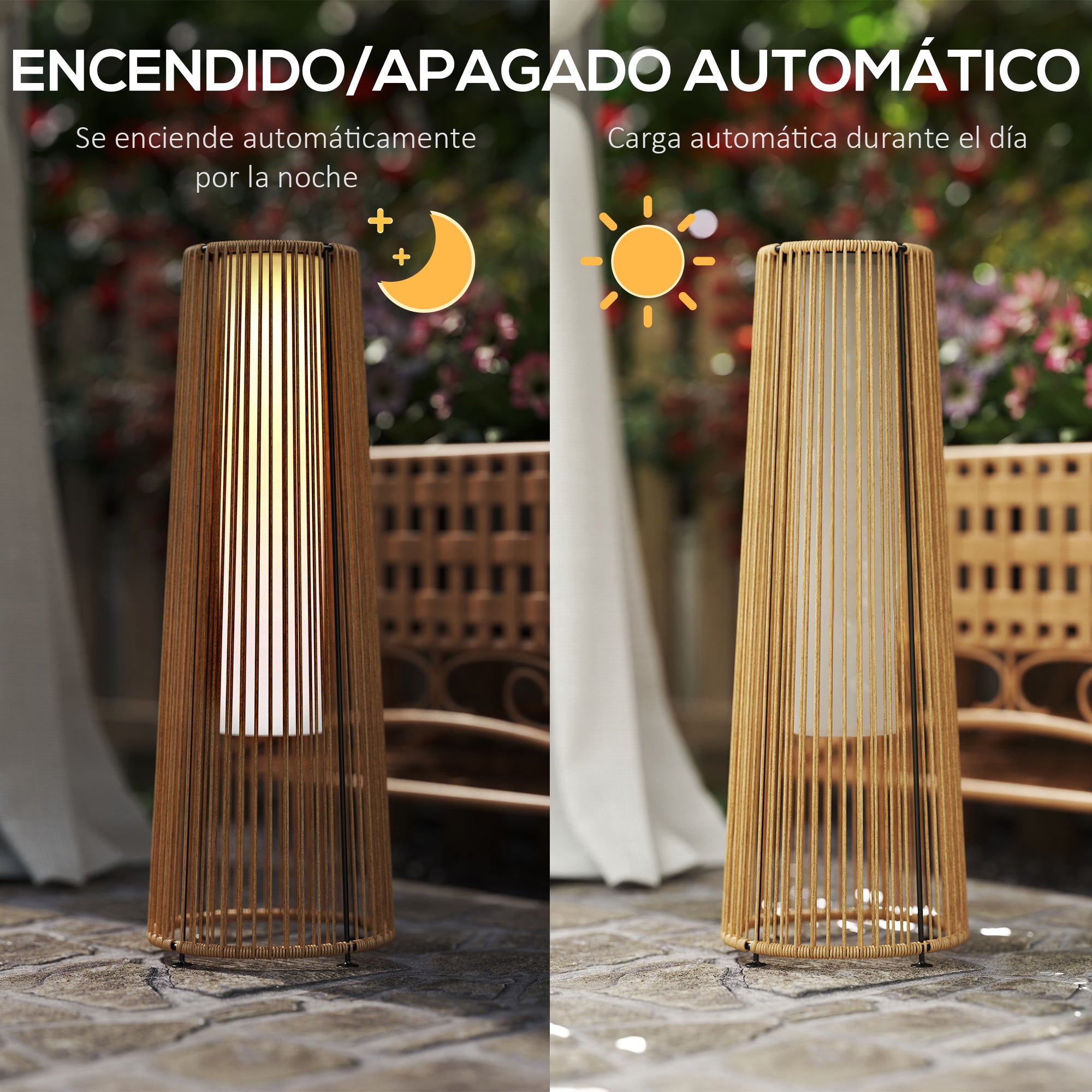 Outsunny Linterna de Jardín de Ratán Sintético Farola Solar Exterior con Luces LED Encendido y Apagado Automático Impermeable para Terraza Balcón Patio Ø21,5x61 cm Natural