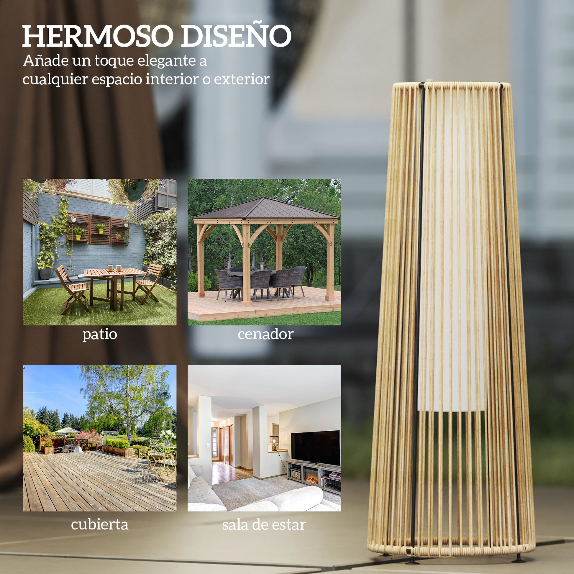 Outsunny Linterna de Jardín de Ratán Sintético Farola Solar Exterior con Luces LED Encendido y Apagado Automático Impermeable para Terraza Balcón Patio Ø21,5x61 cm Natural