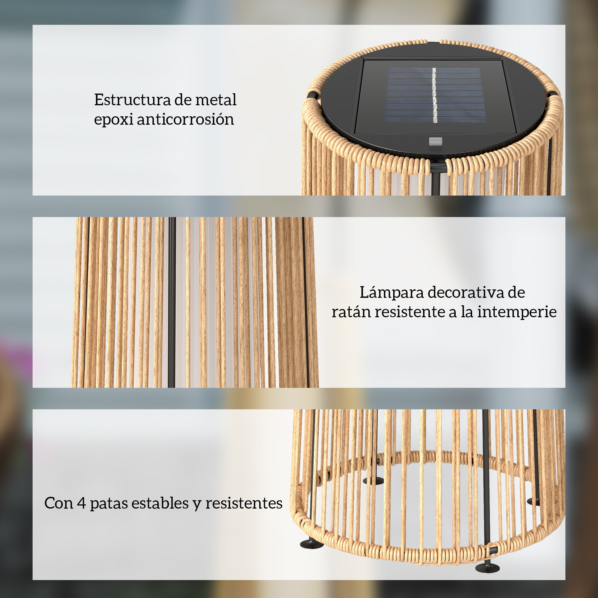 Outsunny Linterna de Jardín de Ratán Sintético Farola Solar Exterior con Luces LED Encendido y Apagado Automático Impermeable para Terraza Balcón Patio Ø21,5x61 cm Natural