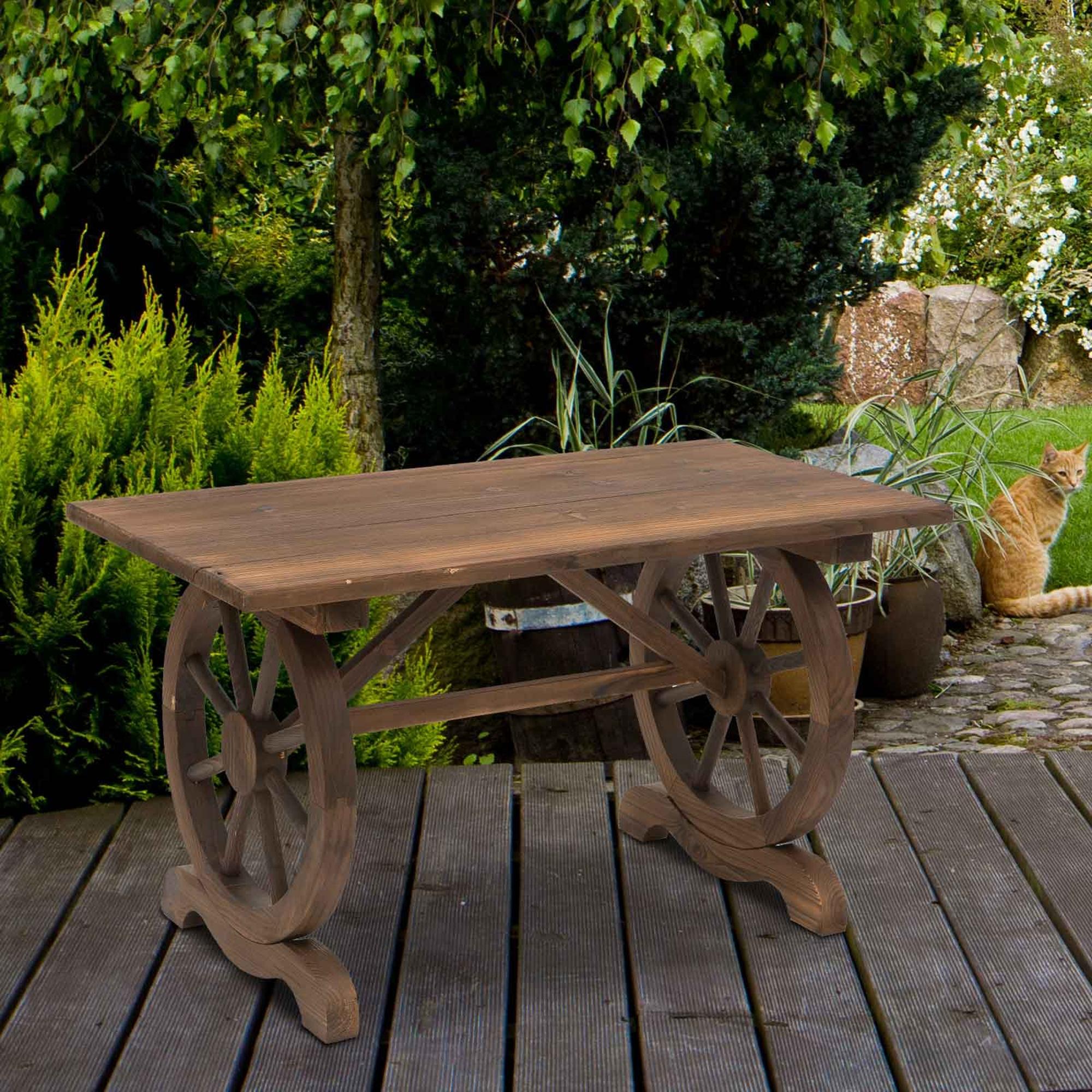 Outsunny Mesa de Jardín de Madera Mesa de Terraza Exterior 110x60x65 cm con Patas en Forma de Rueda Carga 100 kg Mesa para Exterior Patio Madera Carbonizada