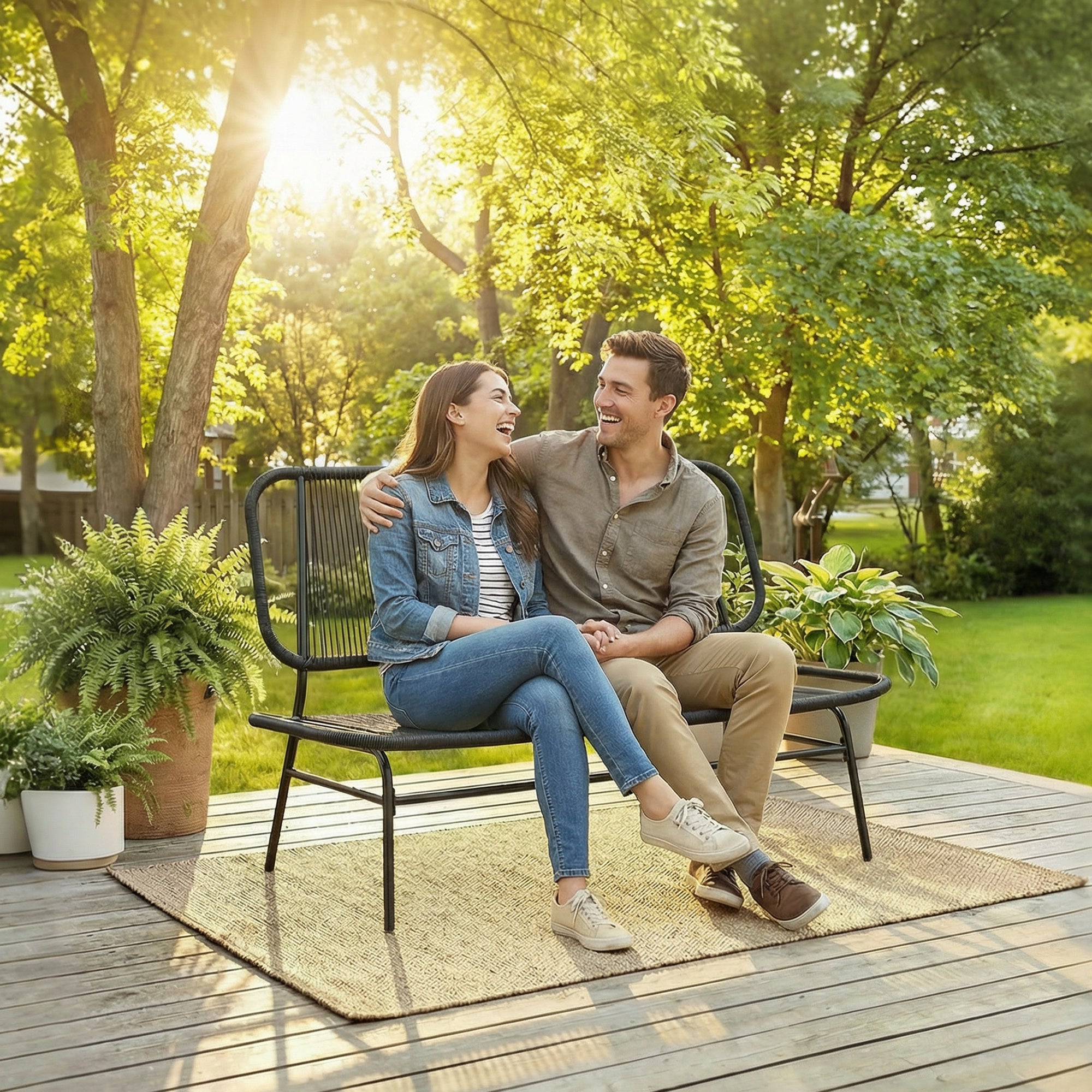 Outsunny Sofá Exterior de Ratán de 2 Plazas, Sofá de Jardín Exterior con Asiento y Respaldo Tejidos de Ratán PE, Estructura de Acero, Carga 240 kg, para Balcón, Porche, Patio, Negro