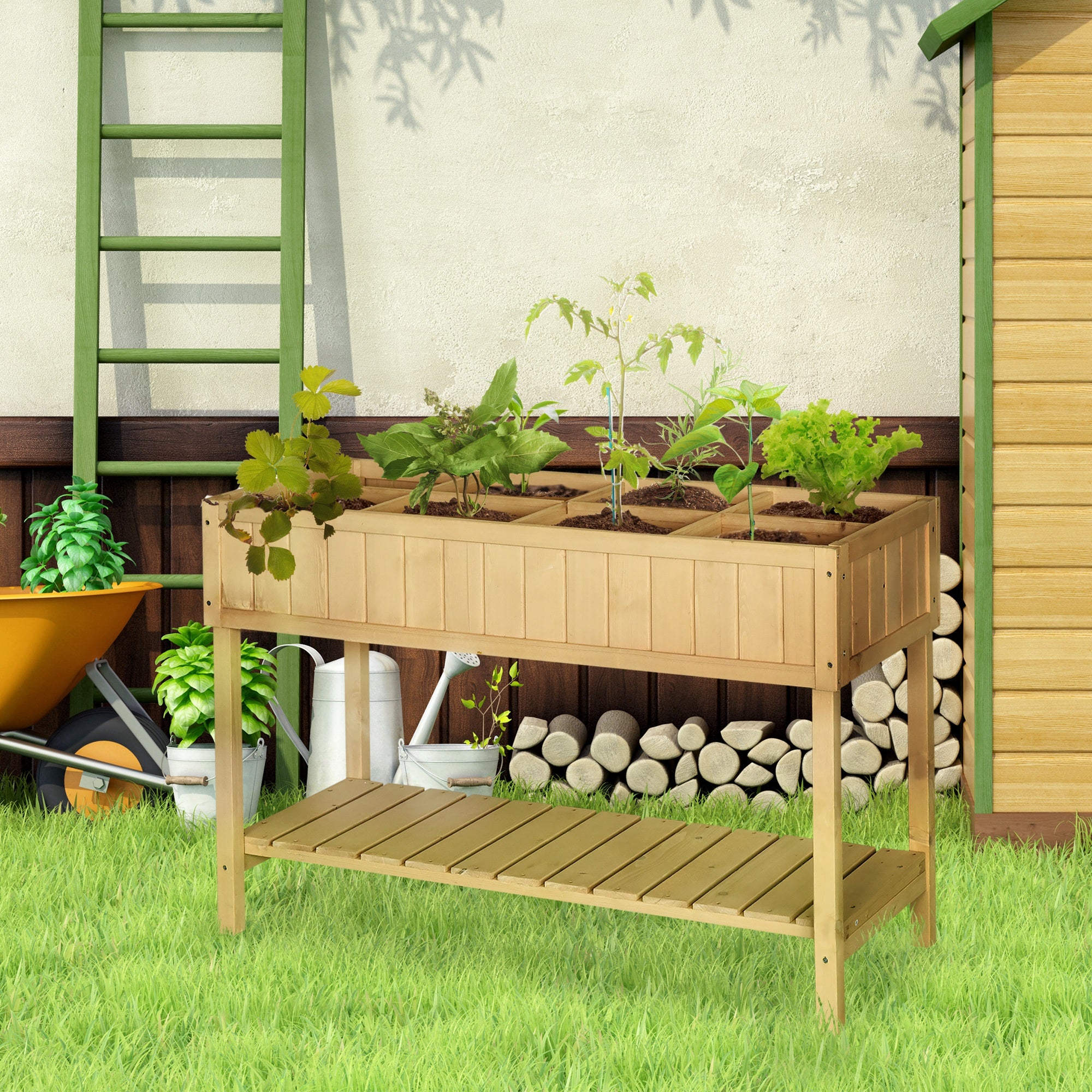 Outsunny Huerto Urbano de Madera 120x60x81 cm Jardinera Elevada para Cultivo de Plantas Flores Mesa de Cultivo con Estante Inferior para Jardín Terraza Exterior Natural
