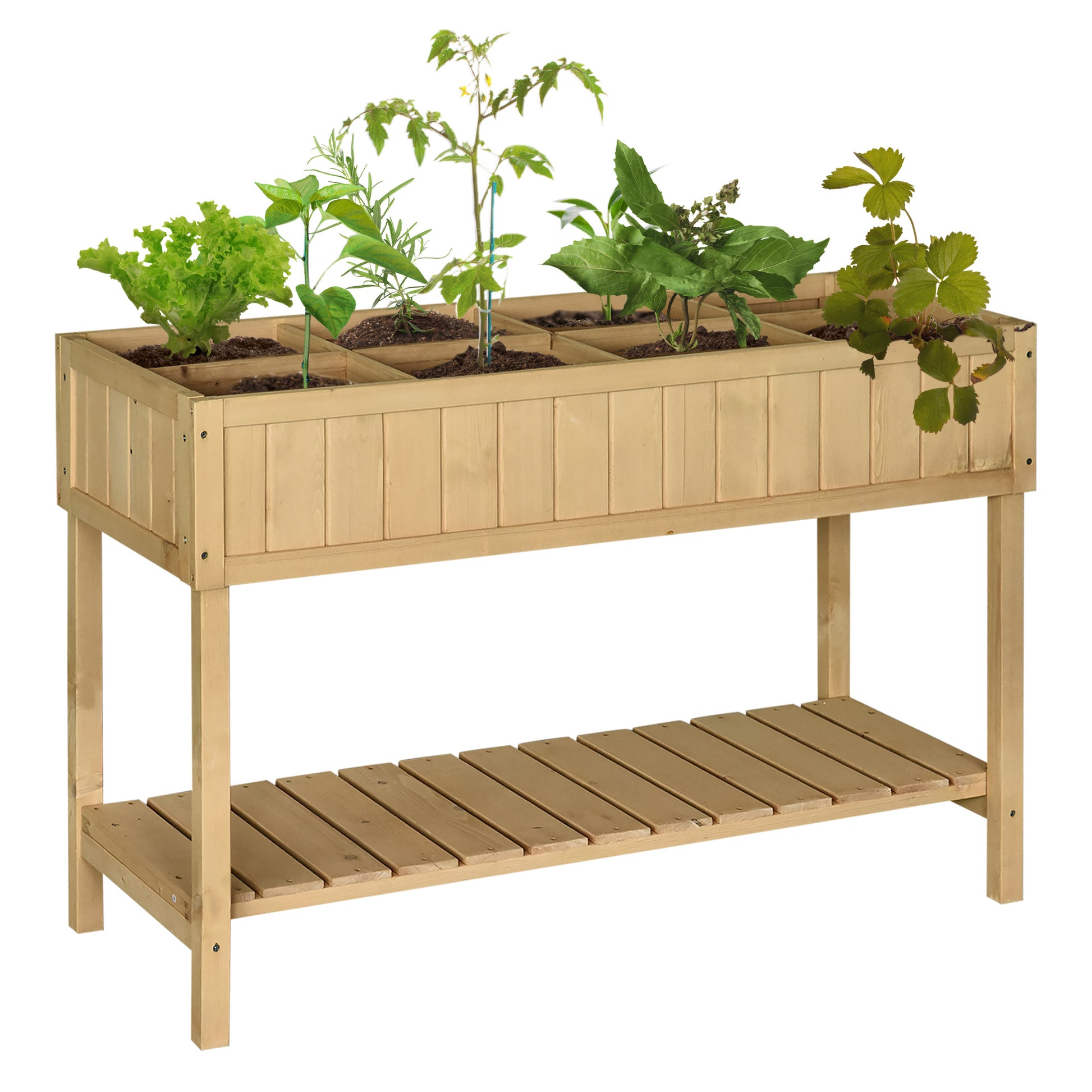 Outsunny Huerto Urbano de Madera 120x60x81 cm Jardinera Elevada para Cultivo de Plantas Flores Mesa de Cultivo con Estante Inferior para Jardín Terraza Exterior Natural