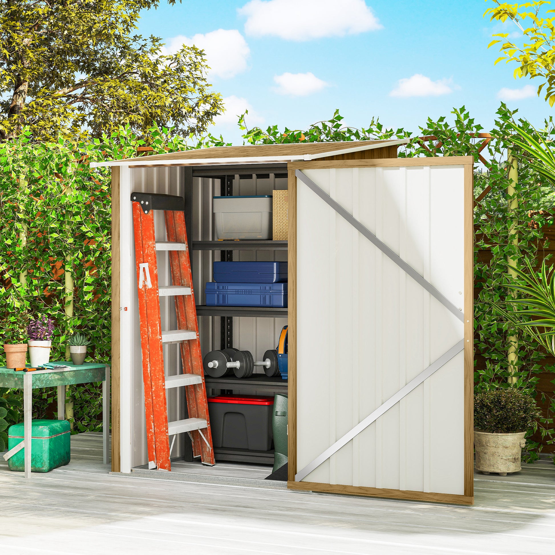 Outsunny Cobertizo de Jardín Exterior, 0,92 m², 100x103x160 cm, Caseta de Jardín Exterior Metálica con 1 Puerta y Cerradura, para Almacenamiento de Herramientas, para Patio, Terraza, Marrón Claro