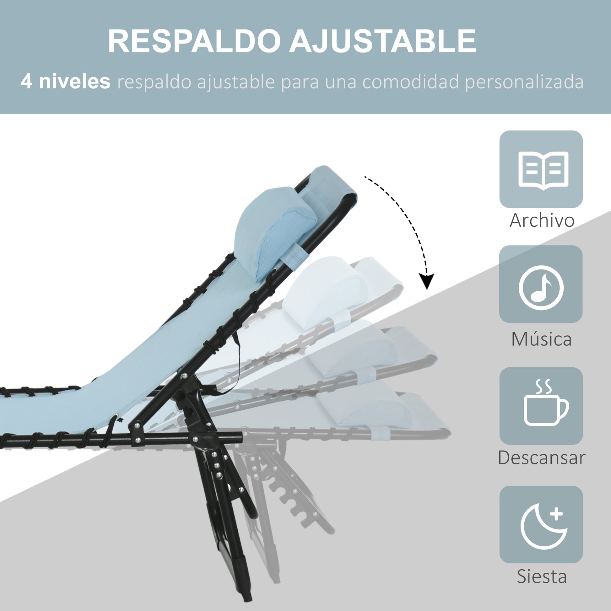 Outsunny Tumbona Plegable, Tumbona Jardín Exterior Reclinable 4 Posiciones con Reposacabezas y Marco de Acero, Carga 120 kg, para Terraza, Piscina, Playa, 189x58x30 cm, Verde Azulado