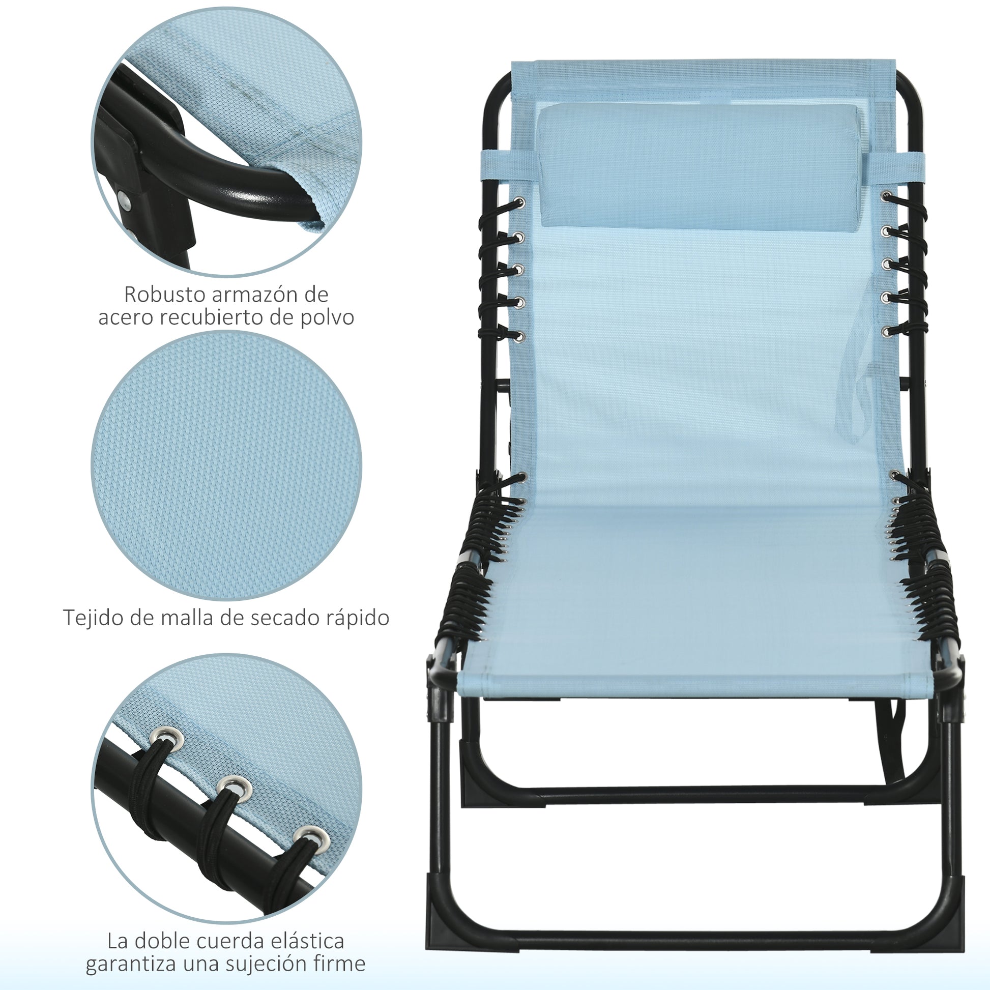 Outsunny Tumbona Plegable, Tumbona Jardín Exterior Reclinable 4 Posiciones con Reposacabezas y Marco de Acero, Carga 120 kg, para Terraza, Piscina, Playa, 189x58x30 cm, Verde Azulado