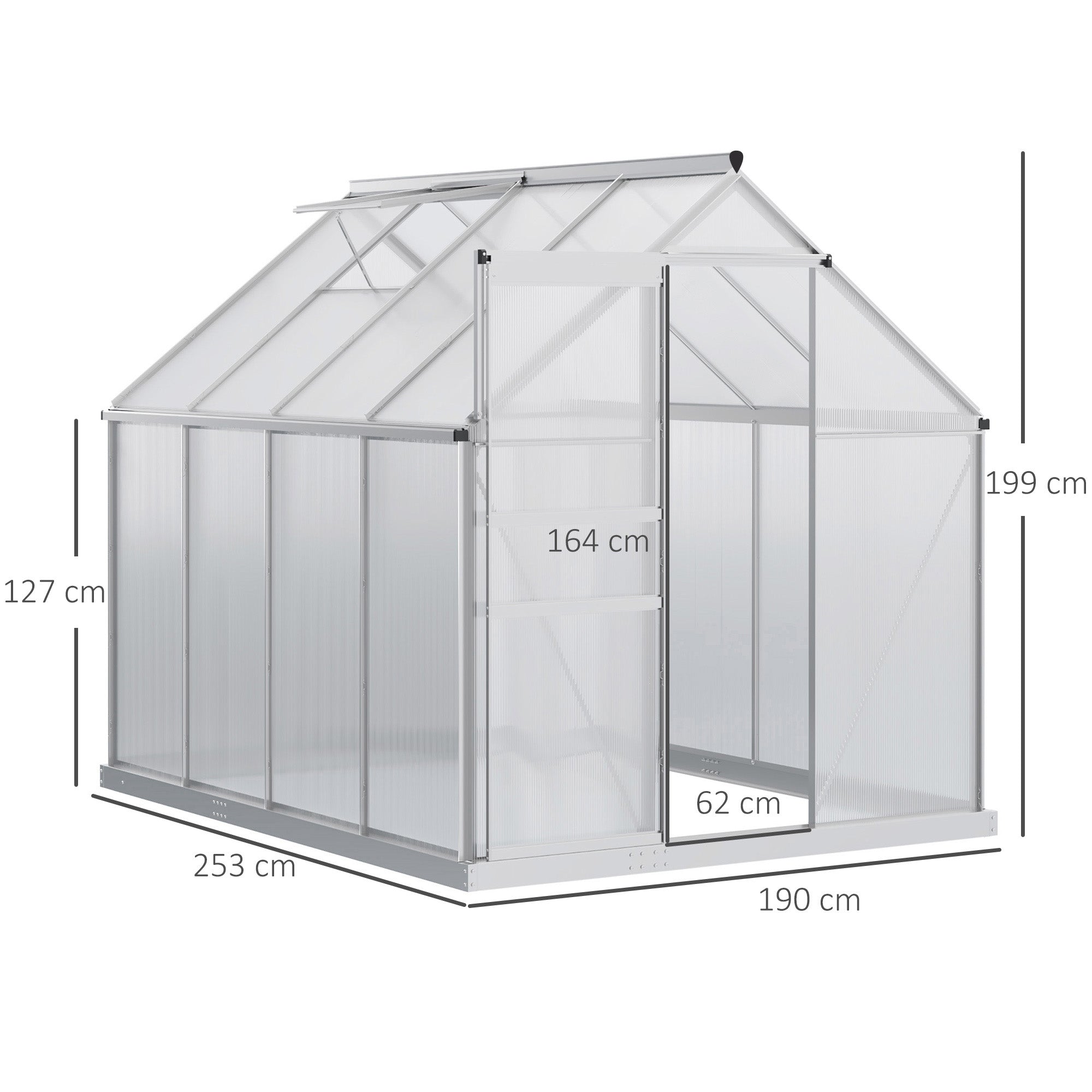 Outsunny Invernadero Policarbonato Aluminio de Jardín 190x253x199 cm 4,8m² Caseta de Exterior con Base Puerta Corredera y Tragaluce para Cultivo Plantas Semillas Transparente