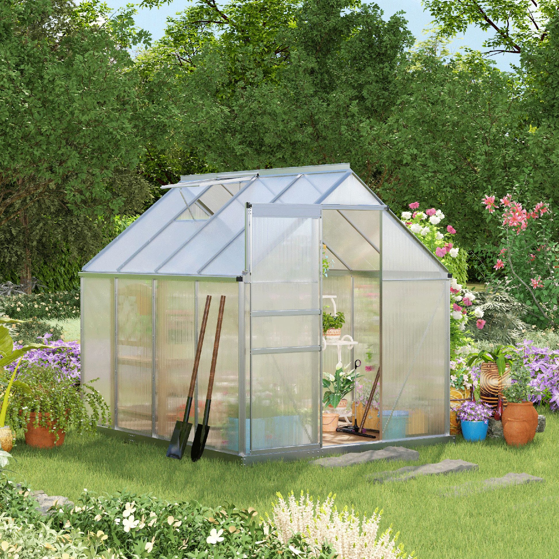 Outsunny Invernadero Policarbonato Aluminio de Jardín 190x253x199 cm 4,8m² Caseta de Exterior con Base Puerta Corredera y Tragaluce para Cultivo Plantas Semillas Transparente